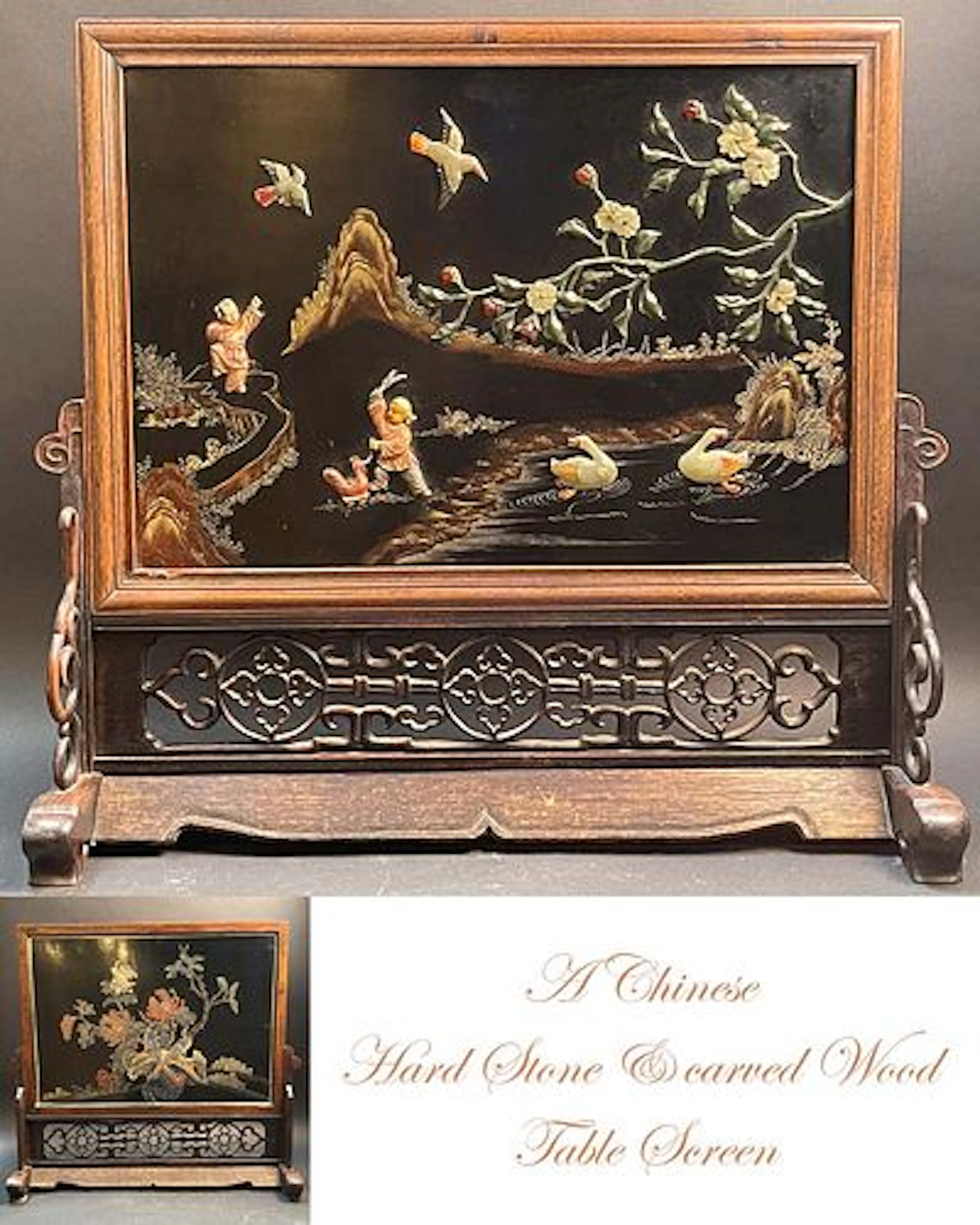 A Chinese Hard Stone & carved Wood Table Screen