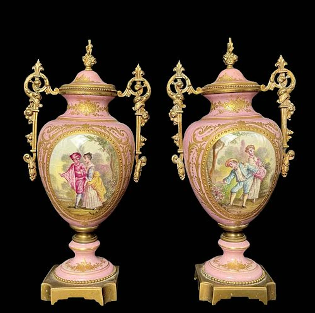 A Pair Of 19th C. French Sevres Hand Painted Porcelain Bronze Covered Vases
