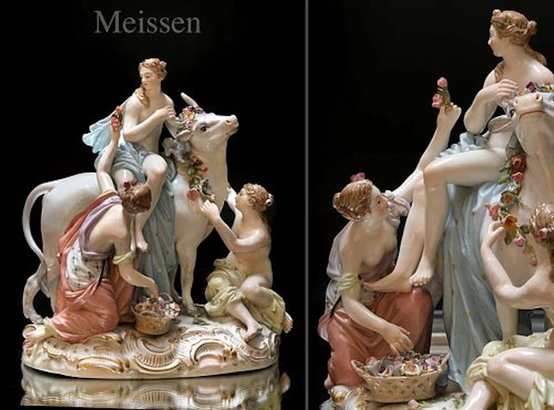 Europa On The Bull, 19th C. German Meissen Hand Painted Porcelain