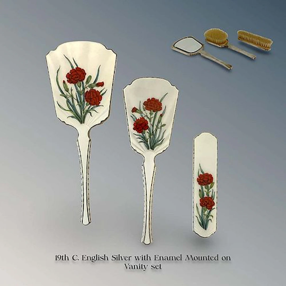 19th C. English Silver Enamel Vanity Set (3 Pieces)