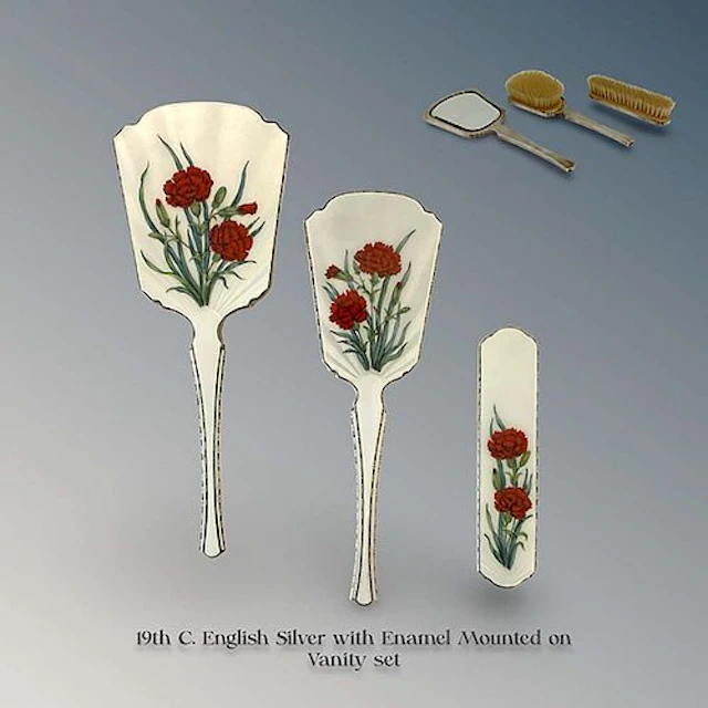 19th C. English Silver Enamel Vanity Set (3 Pieces)