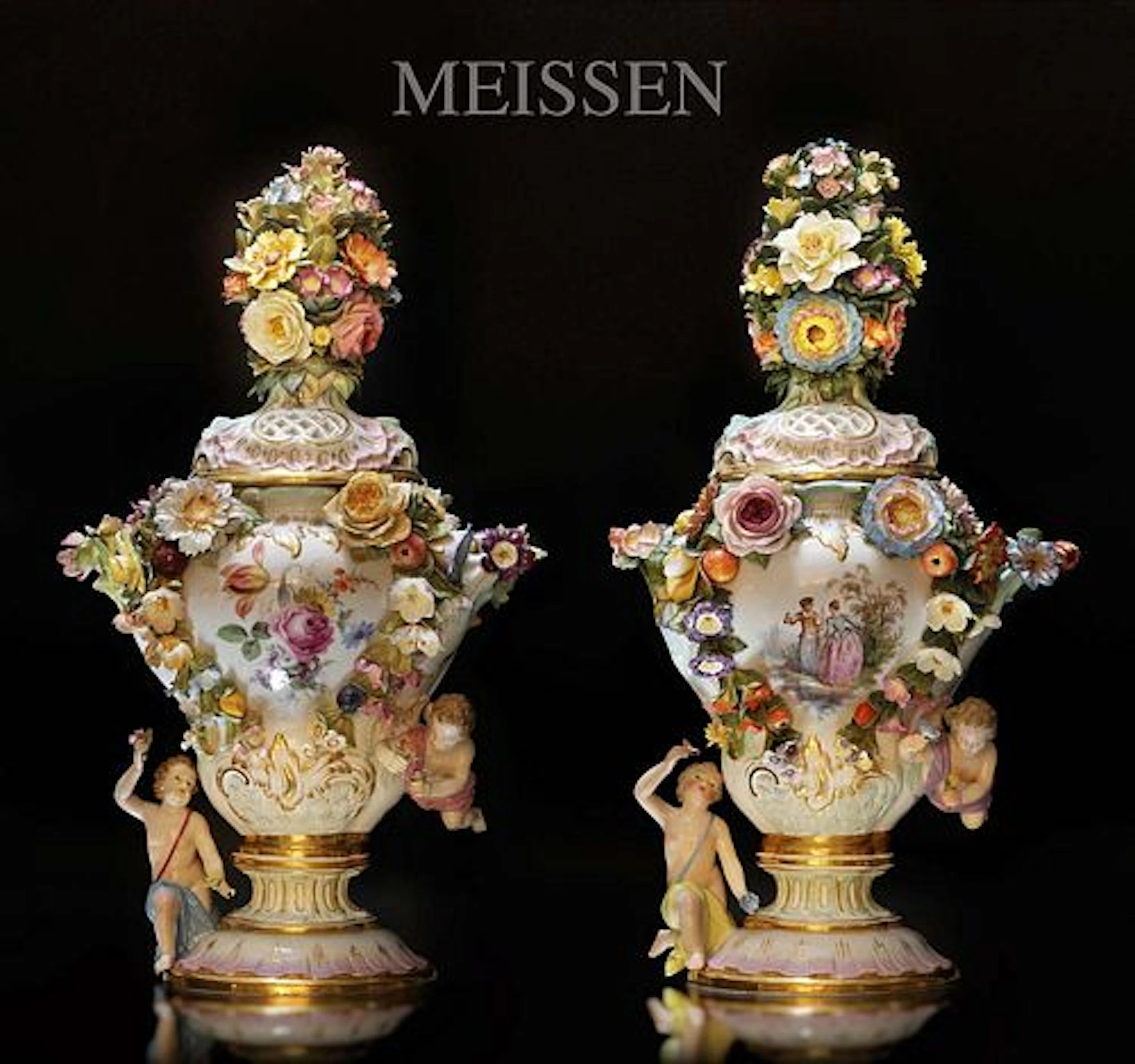 A Pair Of 19th C. German Meissen Hand-Painted Porcelain Figural Potpourri