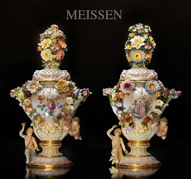 A Pair Of 19th C. German Meissen Hand-Painted Porcelain Figural Potpourri