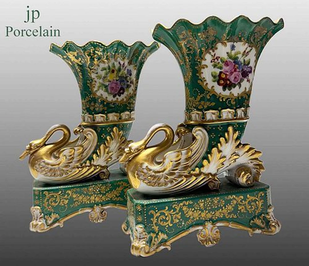 A Pair of French Jacob Petit Porcelain Swan Figural Cornucopia Vases