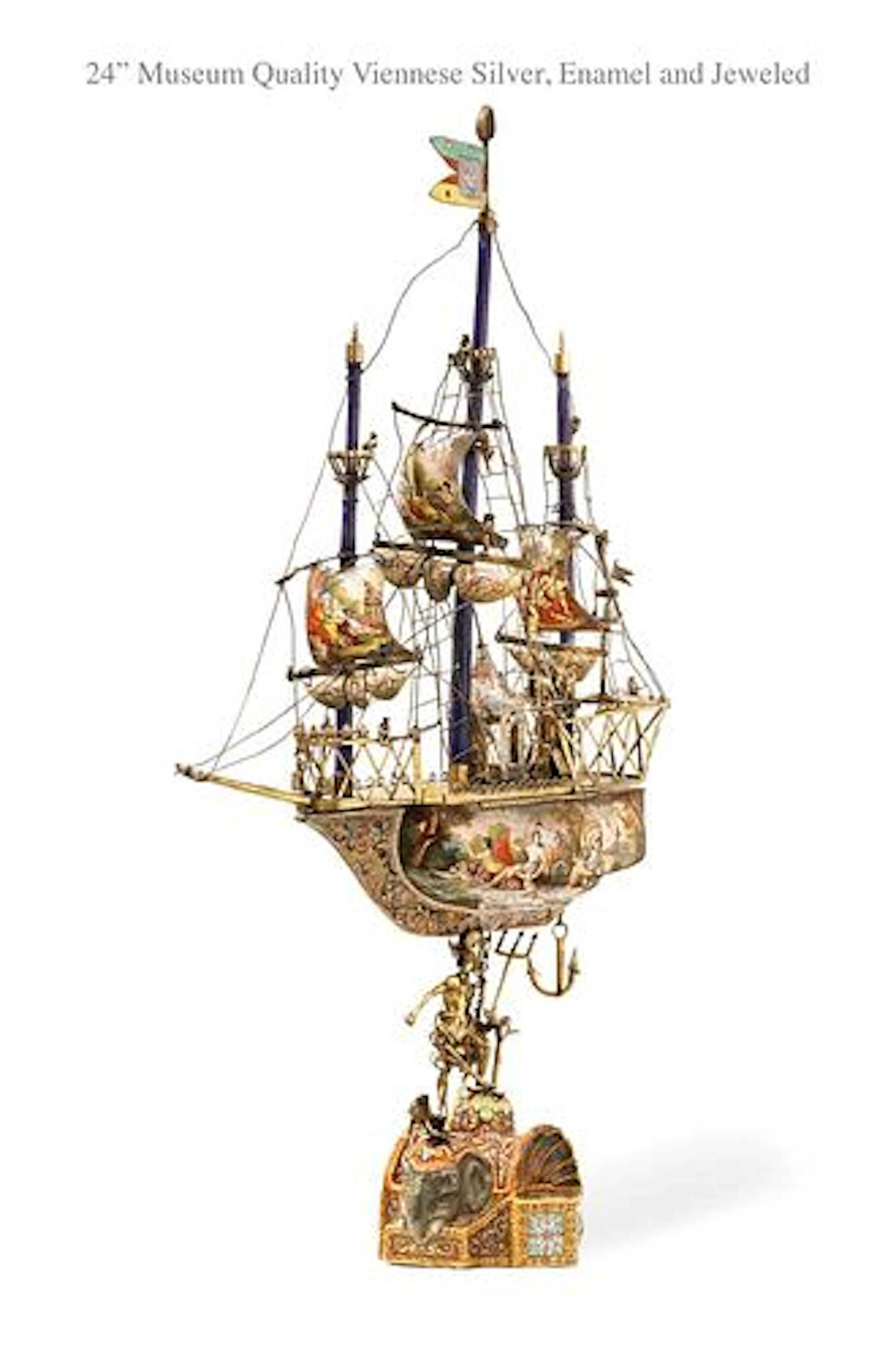 A Museum Quality 19th C. Viennese Silver Enamel Jeweled Miniature Ship