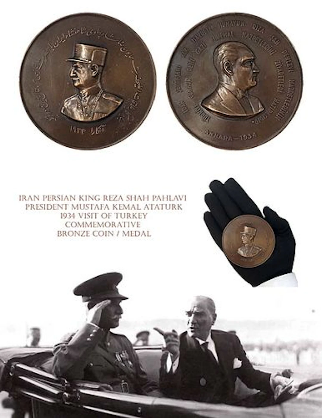 Iran King Reza Shah Pahlavi 1934 Visit Of Turkey Commemorative Bronze