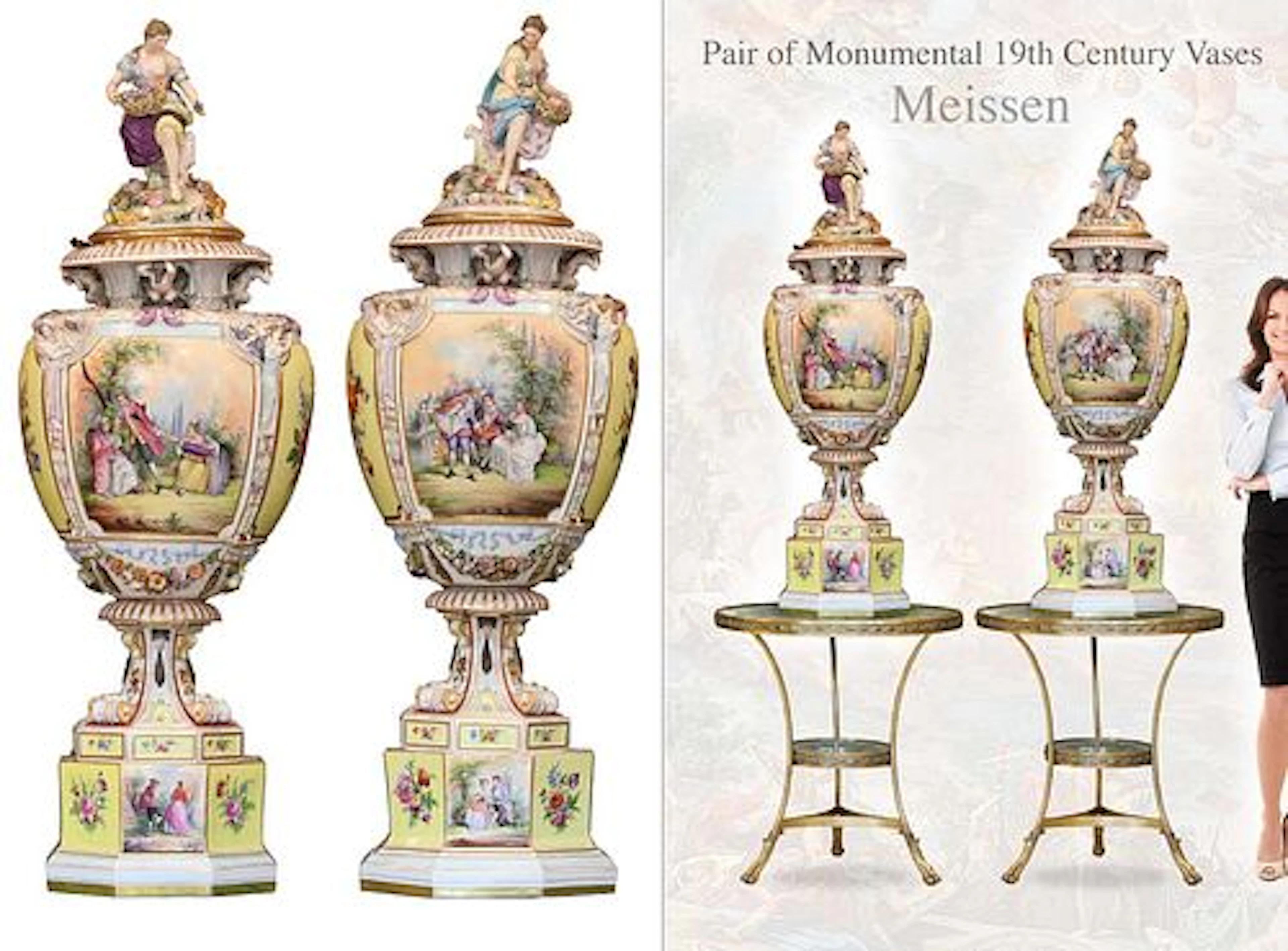A Pair Of Monumental 19th C. German Meissen Hand Painted Porcelain