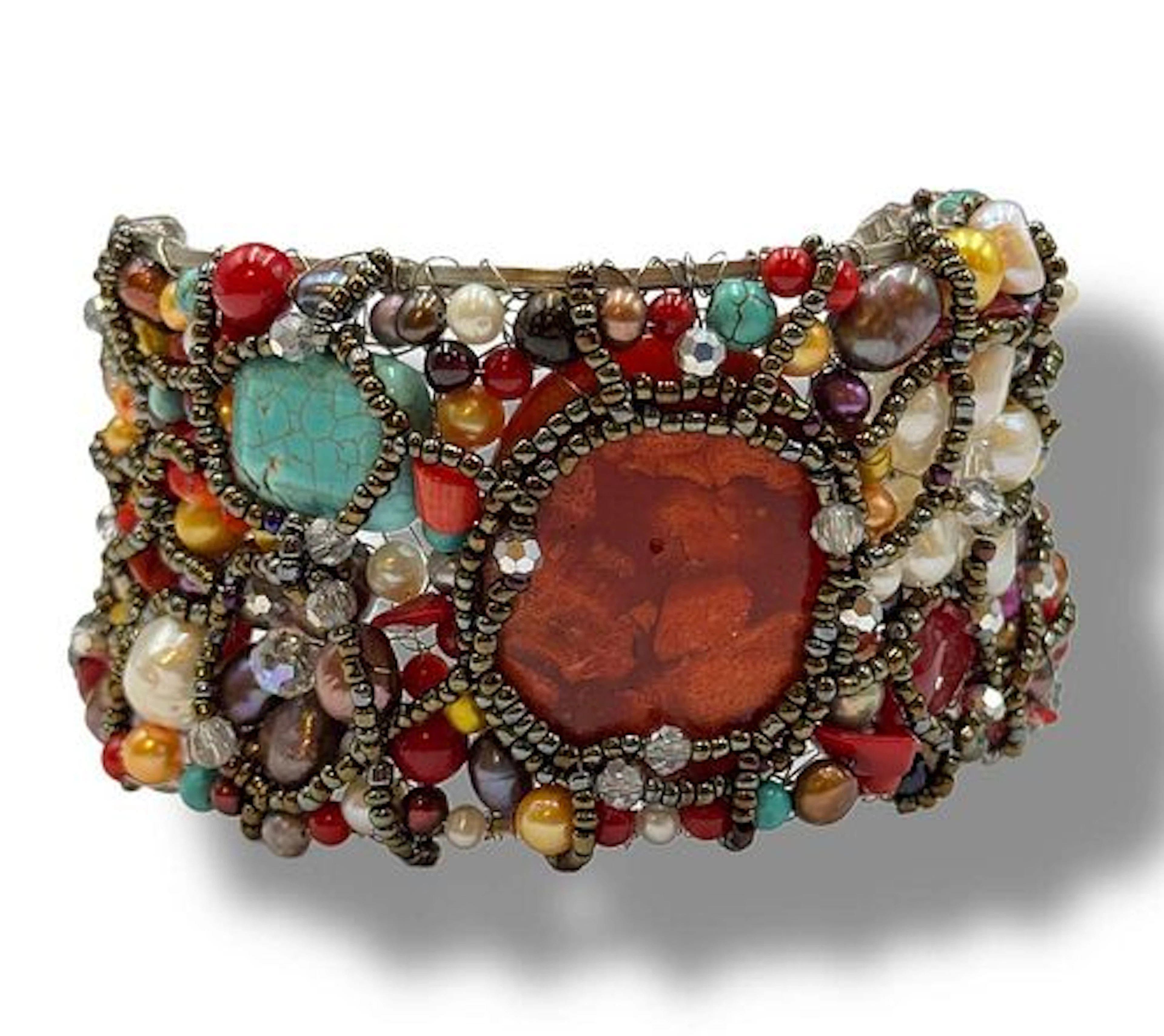A Vintage Hand Made Pearl, Turquoise, Coral & Carnelian Citrine Quartz