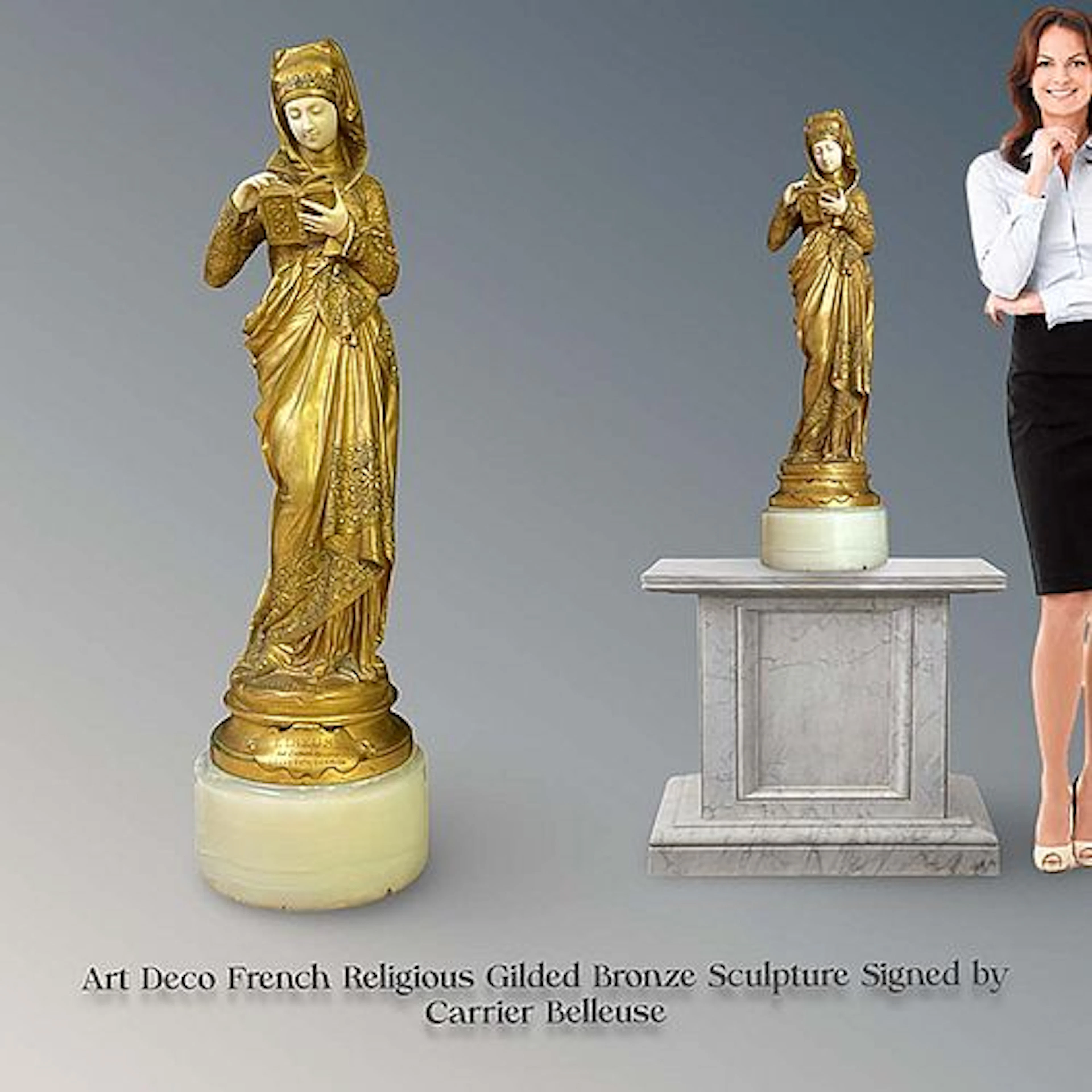 An Art Deco French Religious Gilt Bronze Sculpture, Carrier Belleuse Signed