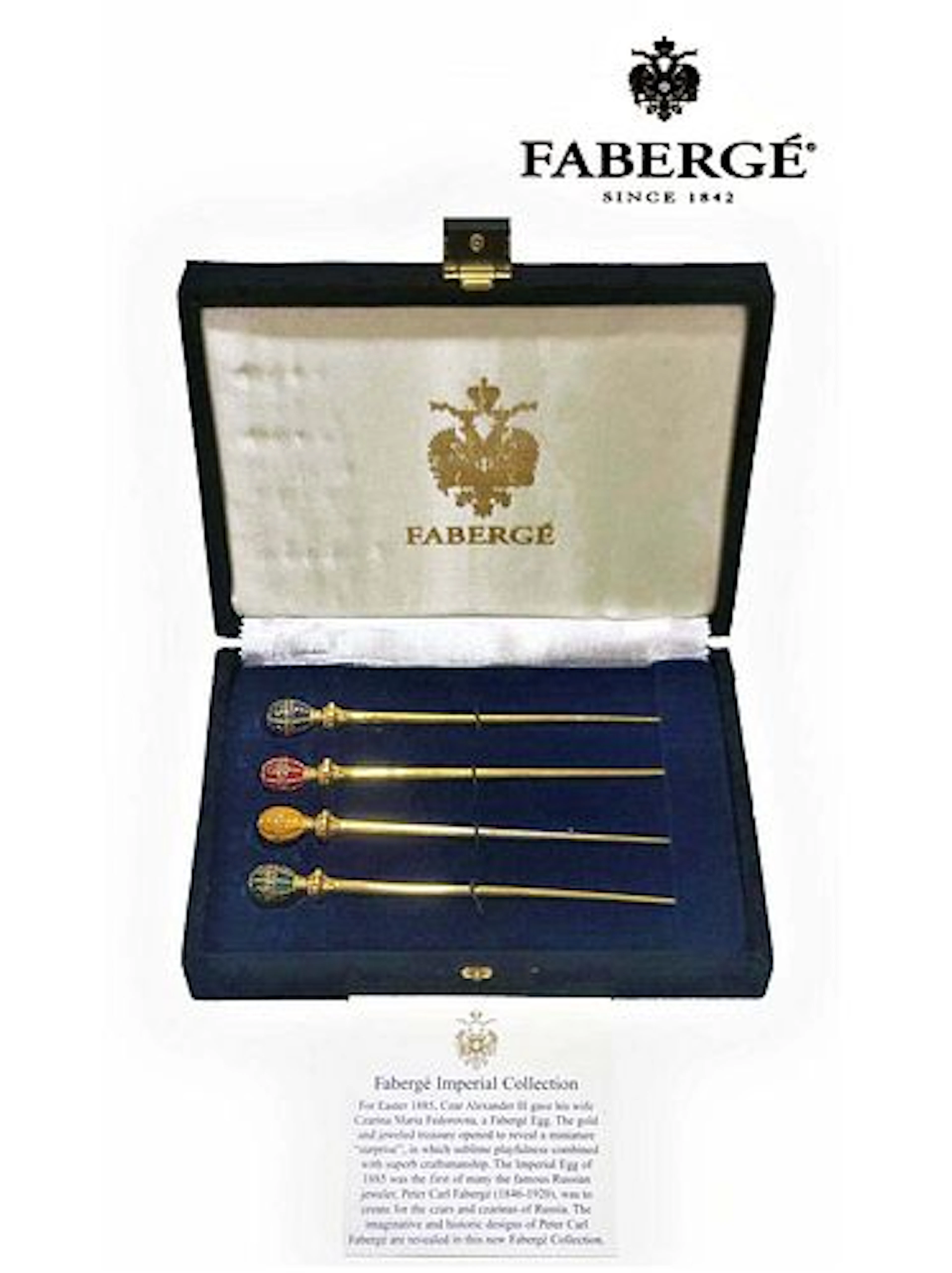 A Faberge Enamel Imperial Egg Cocktail/Sherbet Stirrers In Velvet Box