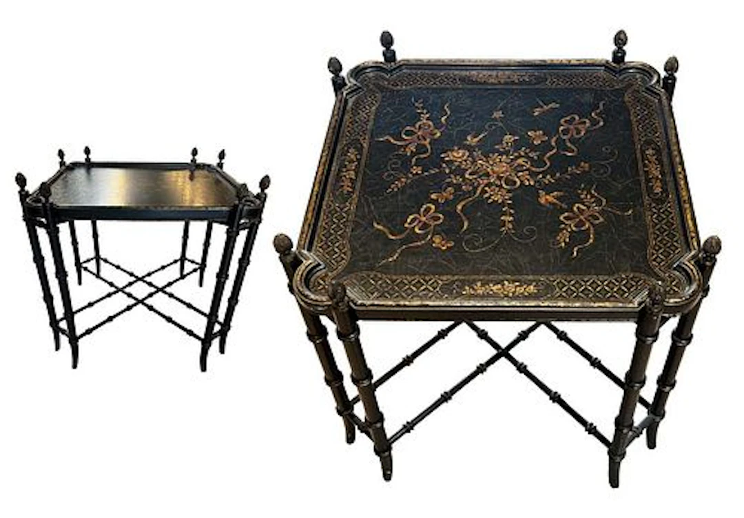 An Antique Black Regency Wooden Hand Painted Tray Top Coffee Table