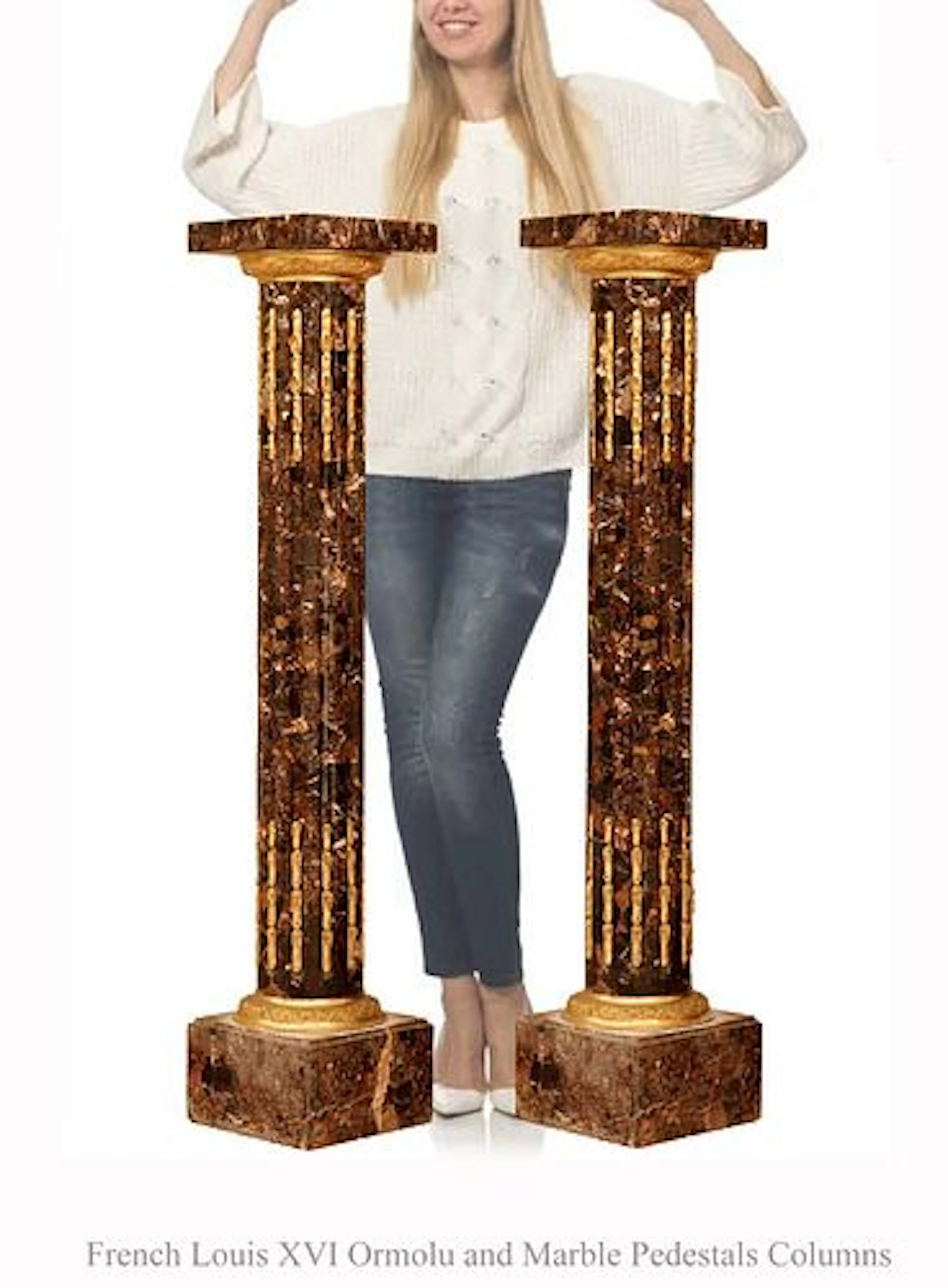 A Pair Of French Louis XVI Bronze Mounted Marble Pedestal Columns