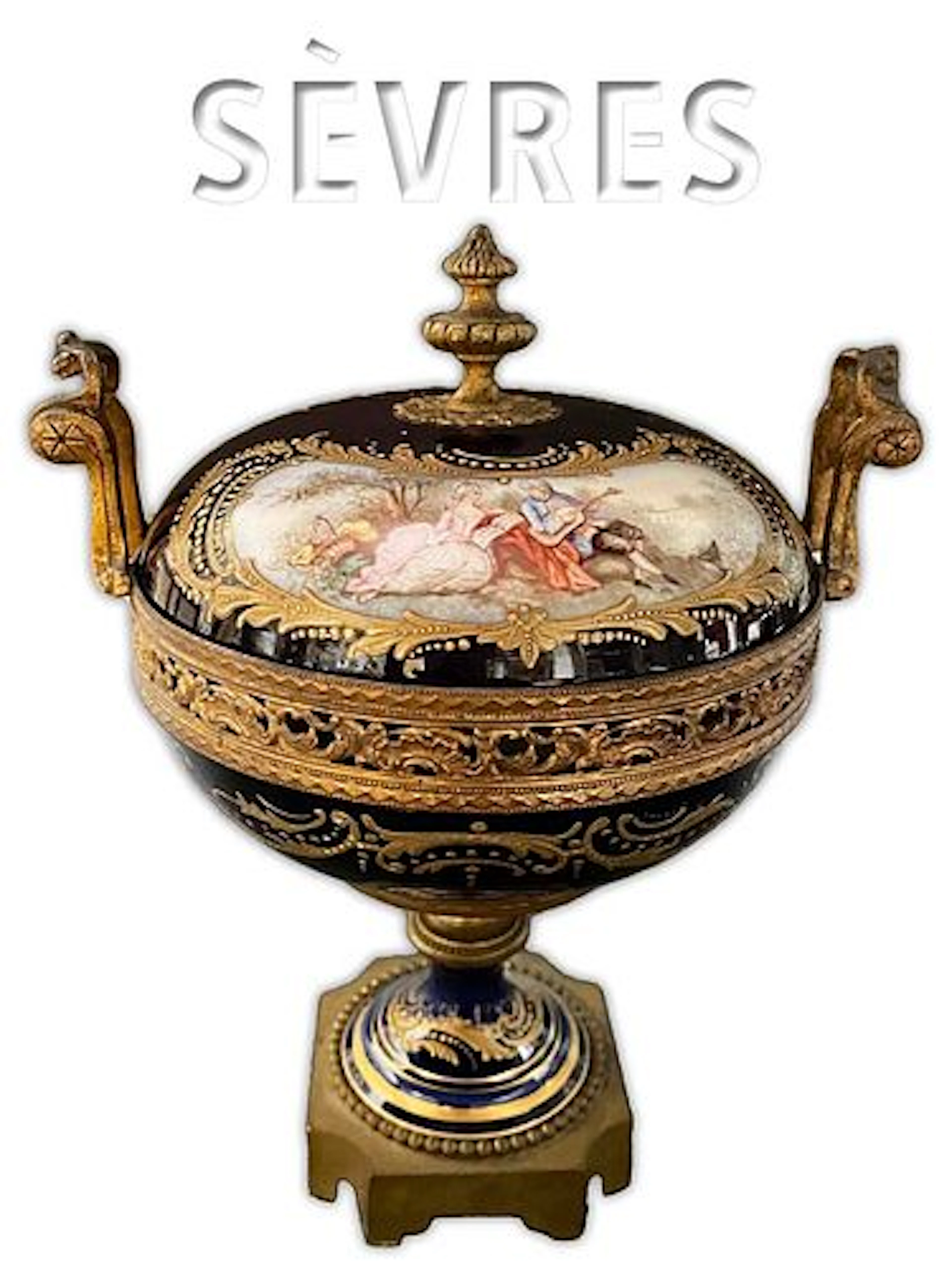 19th C. Sevres Gilt Ormolu Bronze Lidded Candy Dish, Hallmarked