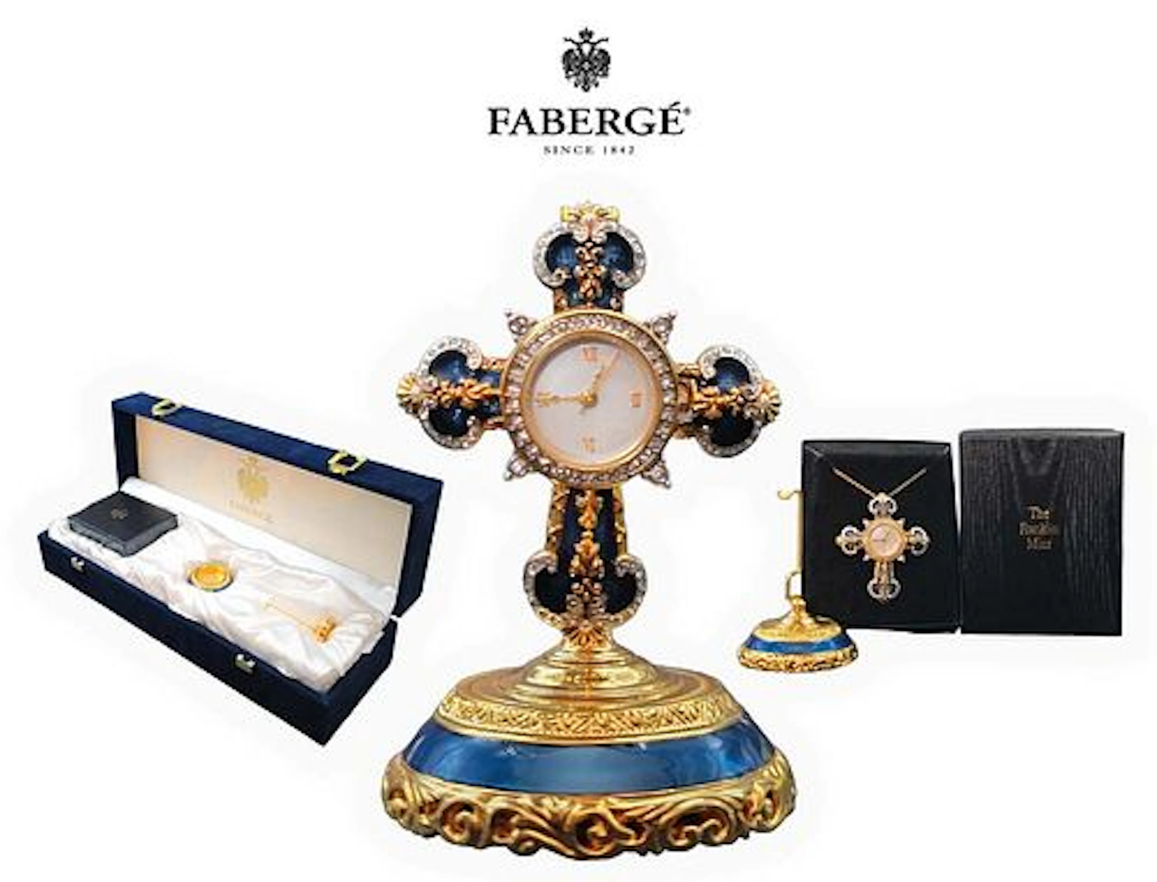 House of FABERGE Sapphire Blue Enamel Crystal Cross Pendant Watch