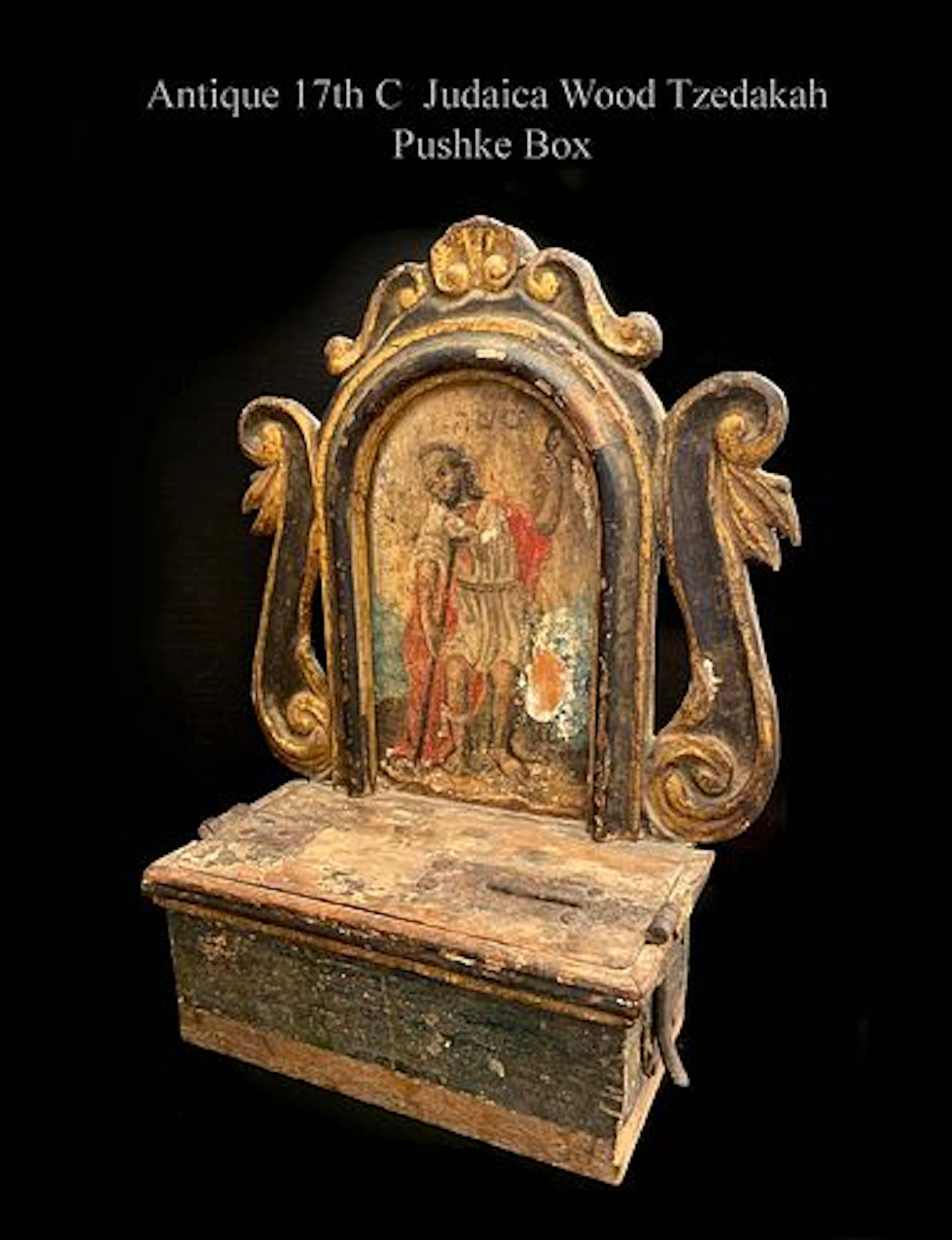 17th C. Judaica Painted Wood Tzedakah Pushke Box