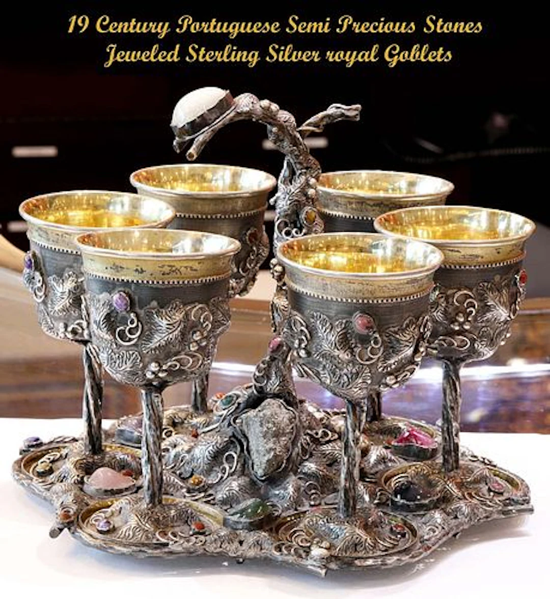 19 C. Portuguese Semi Precious Stones Jeweled Sterling Silver Royal Goblets
