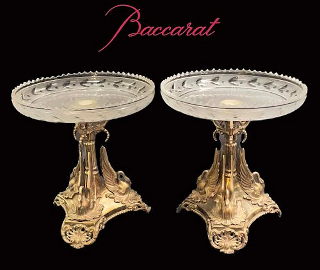 A Pair Of 19th C. Baccarat Crystal & Silver Plated Swans Epergnes