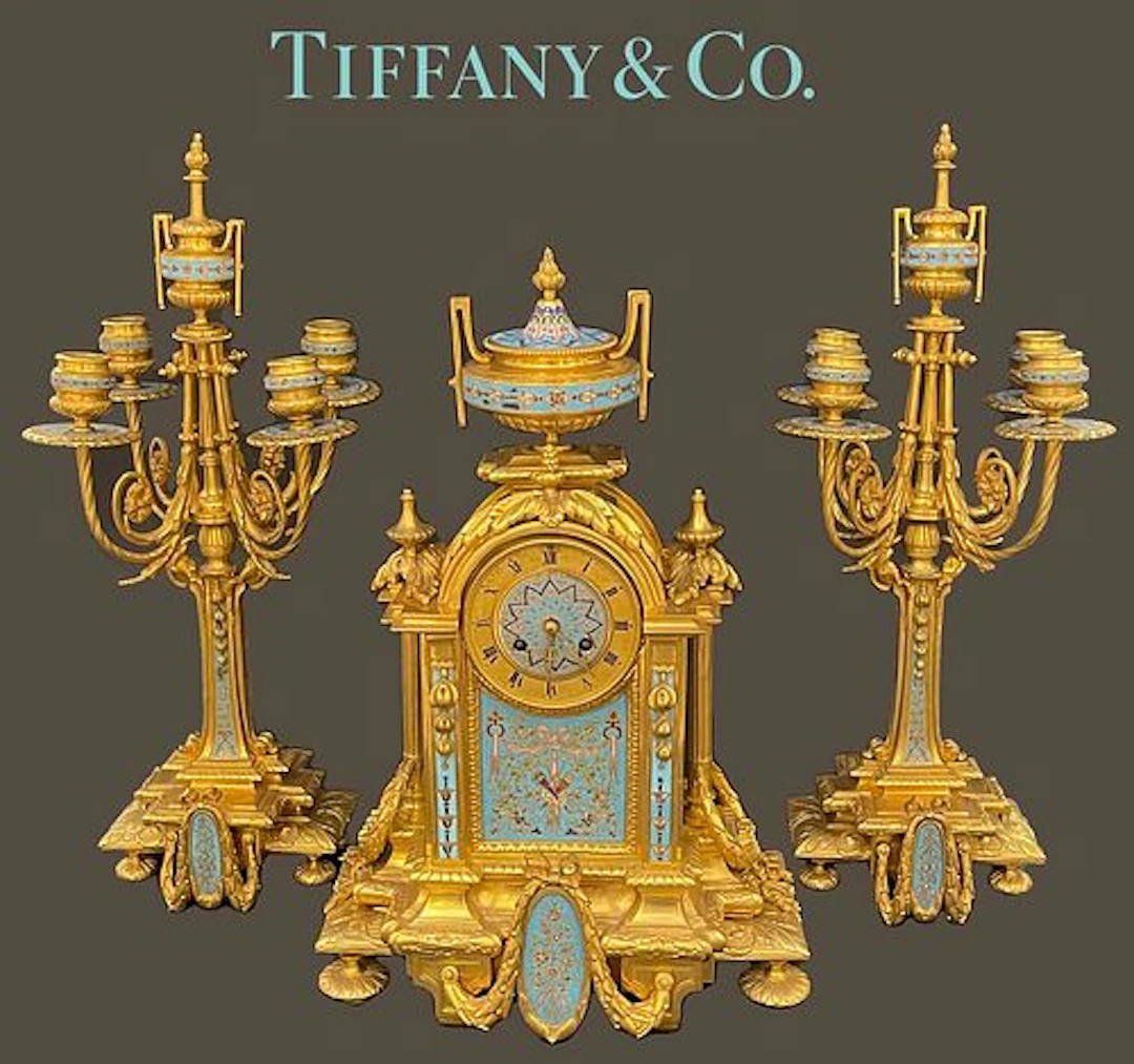 19th C. Tiffany & Co. Bronze Champleve Clock Set
