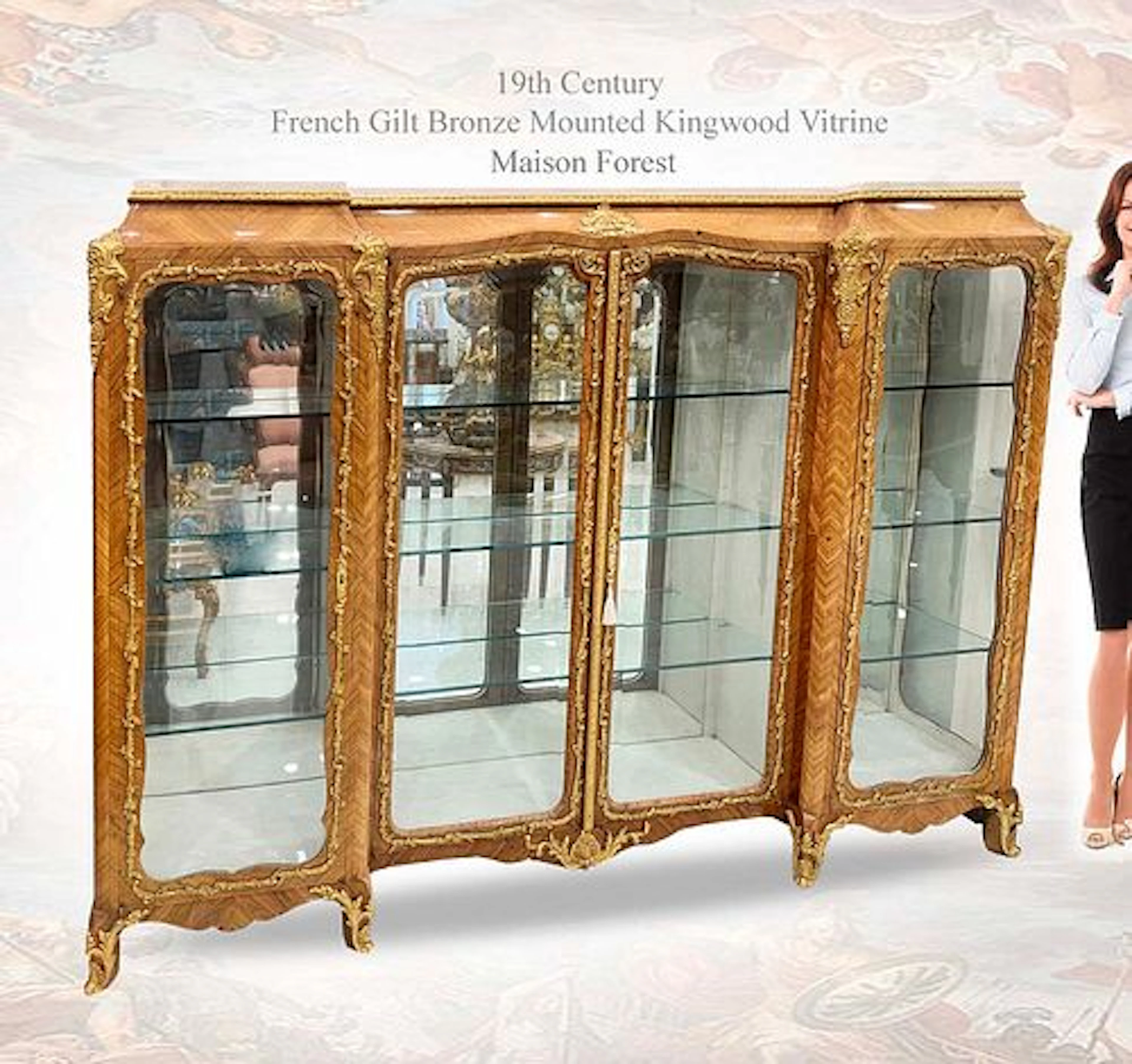 19th C. French Gilt Bronze Kingwood Vitrine Cabinet, Attributed Maison Forest