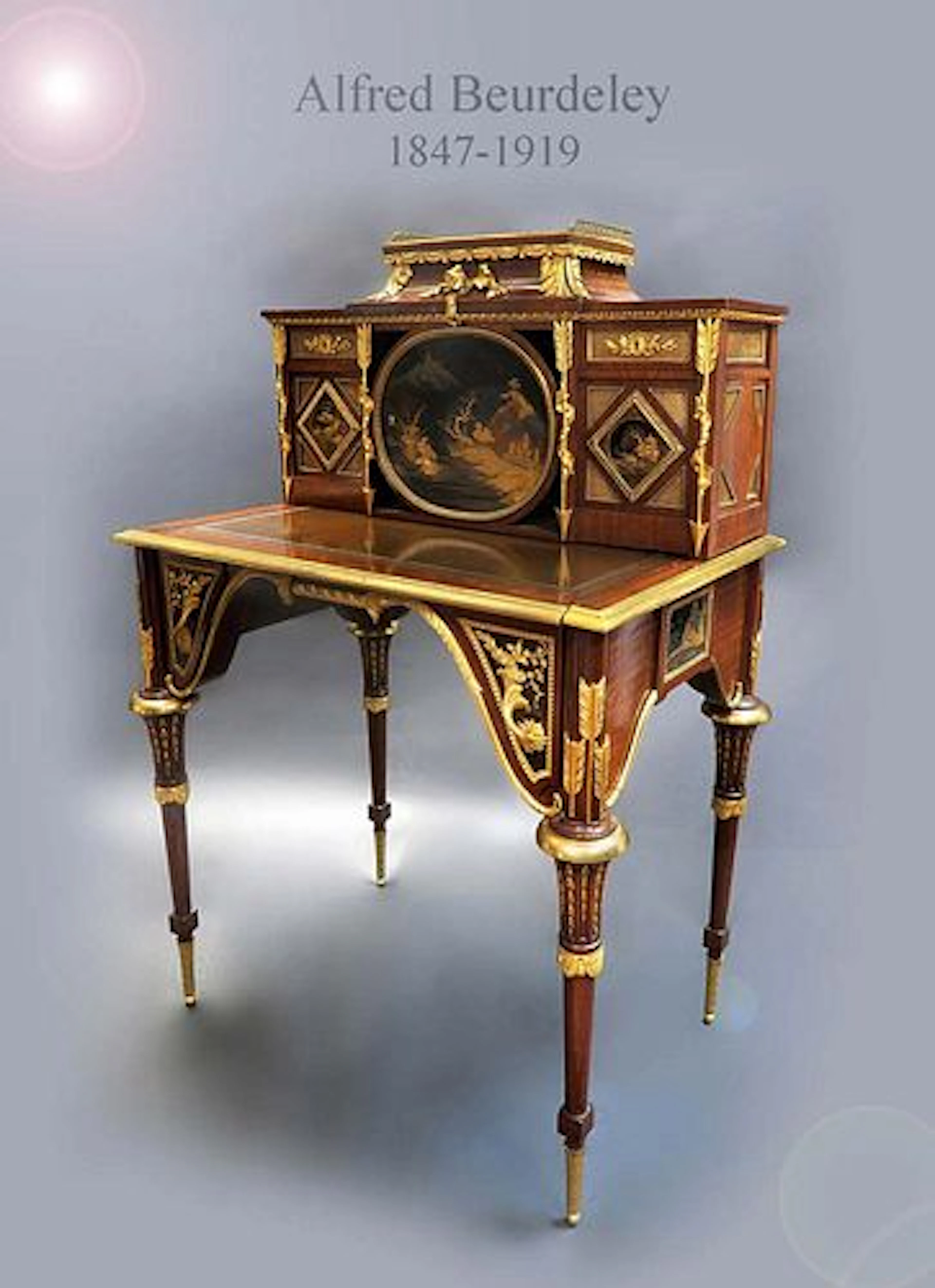 19th C. Bonheur du Jour Bronze & Japanese Lacquer-Mounted Mahogany