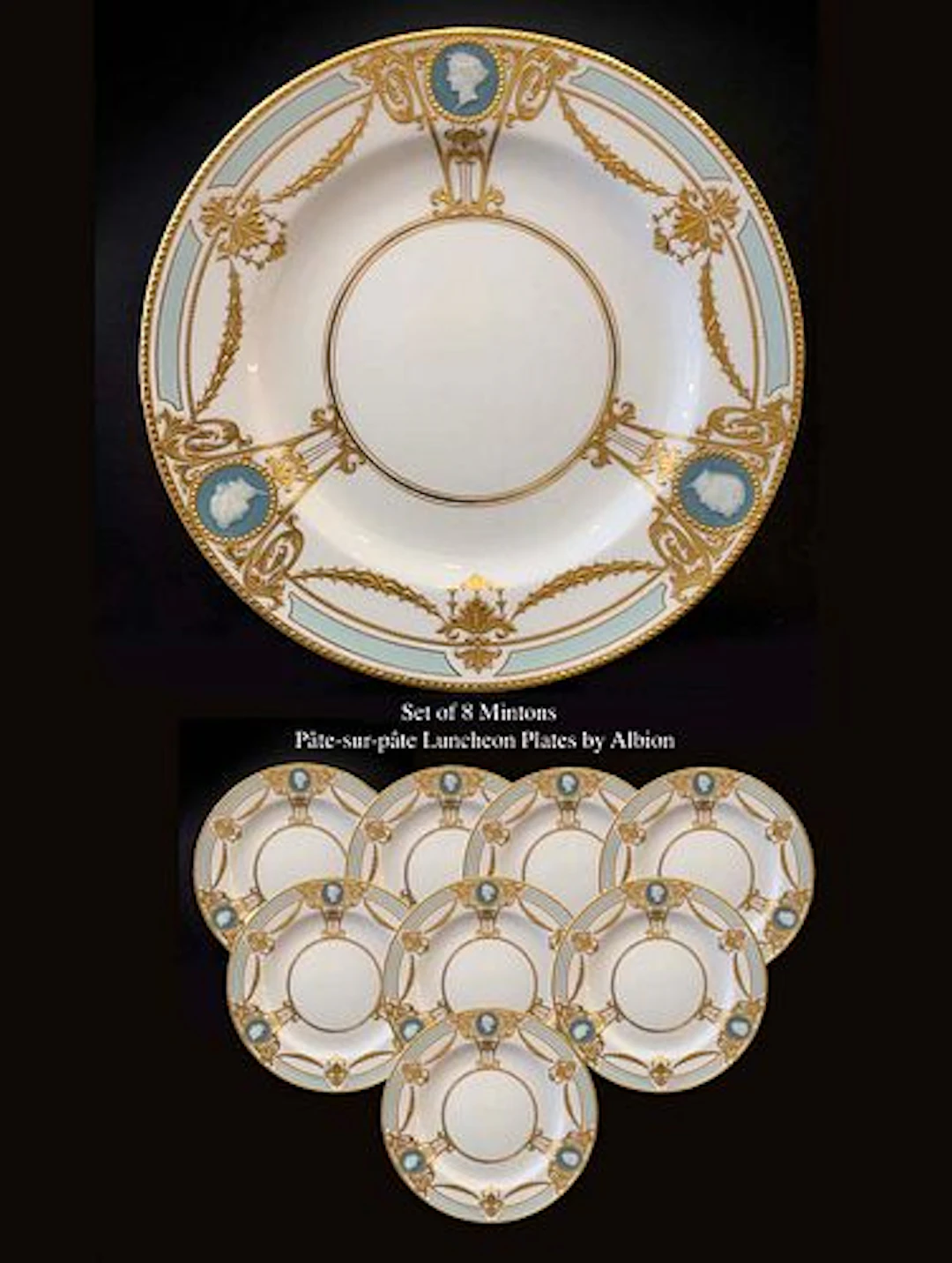 A Set of Eight English Mintons Pate-Sur-Pate Luncheon Plates, Hallmarked