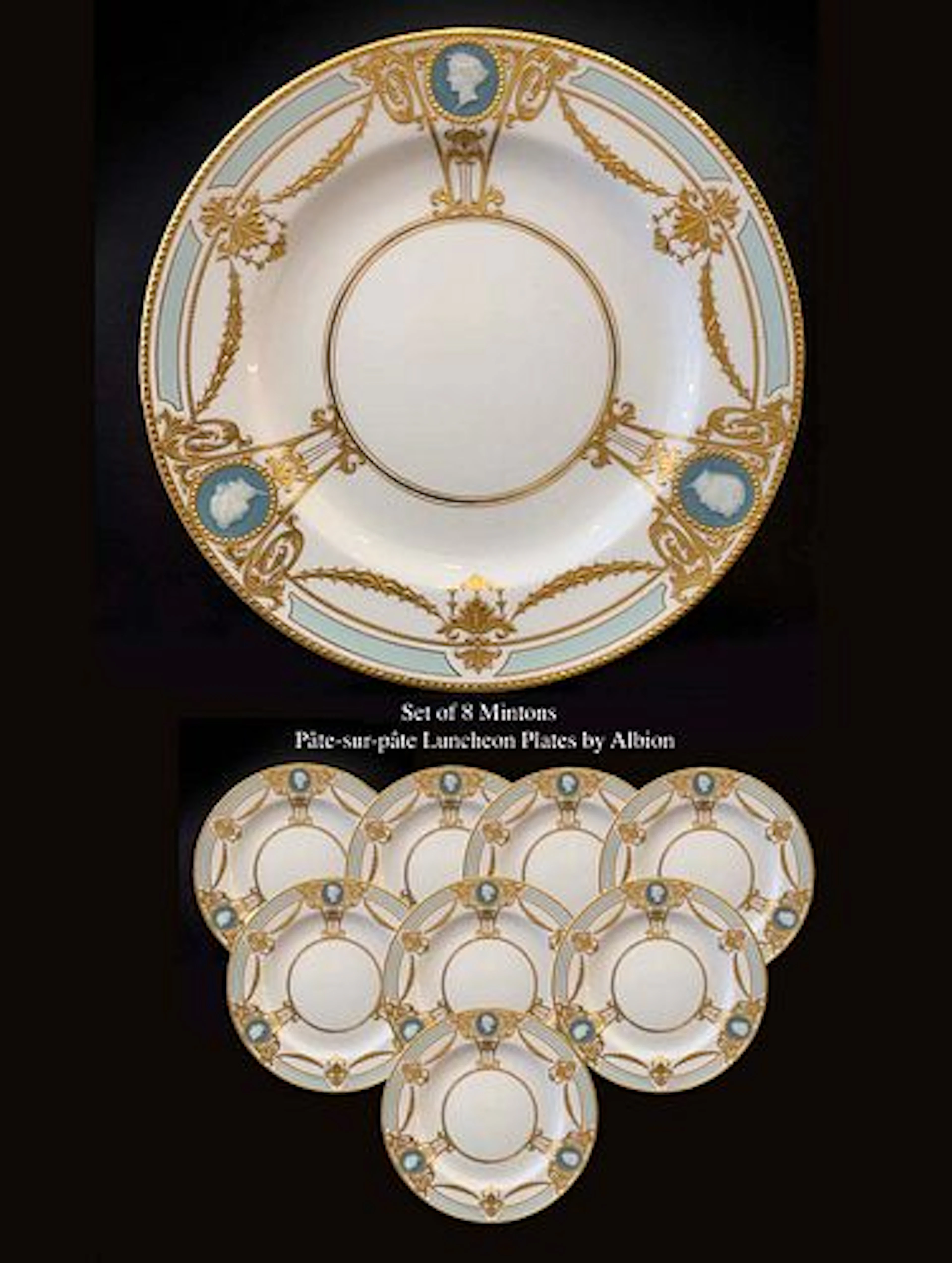 A Set of Eight English Mintons Pate-Sur-Pate Luncheon Plates, Hallmarked