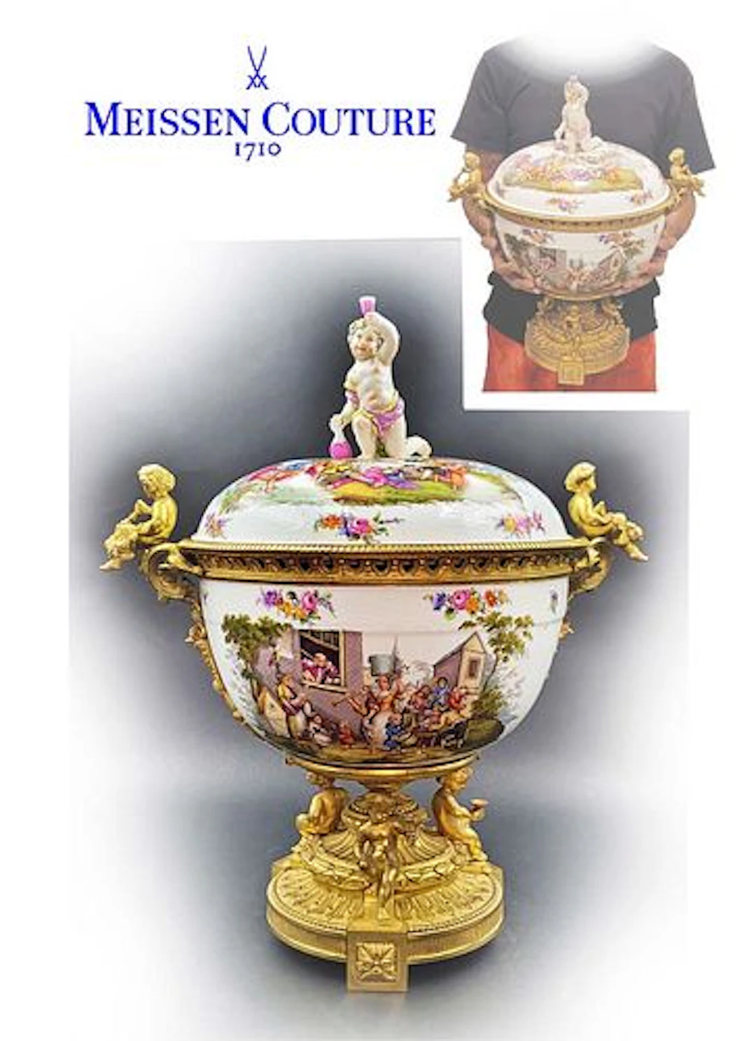 A Large 19th C. German Meissen Hand Painted Porcelain Figural Bronze