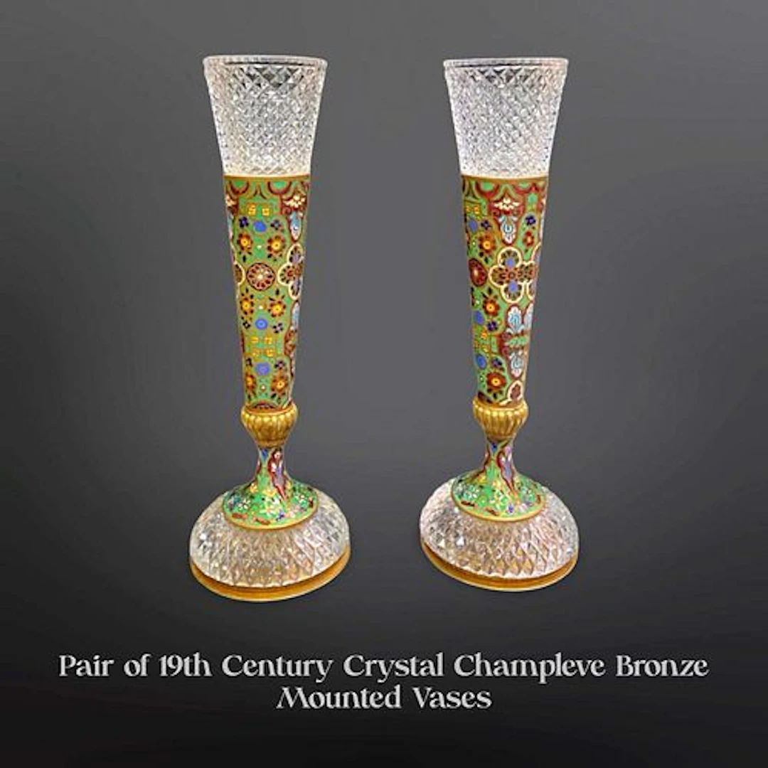 A Pair of 19th C. French Champleve Bronze & Crystal Vases