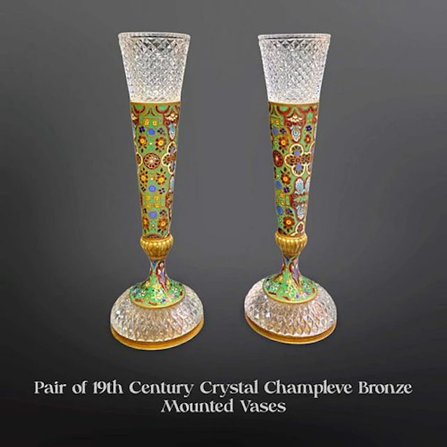 A Pair of 19th C. French Champleve Bronze & Crystal Vases