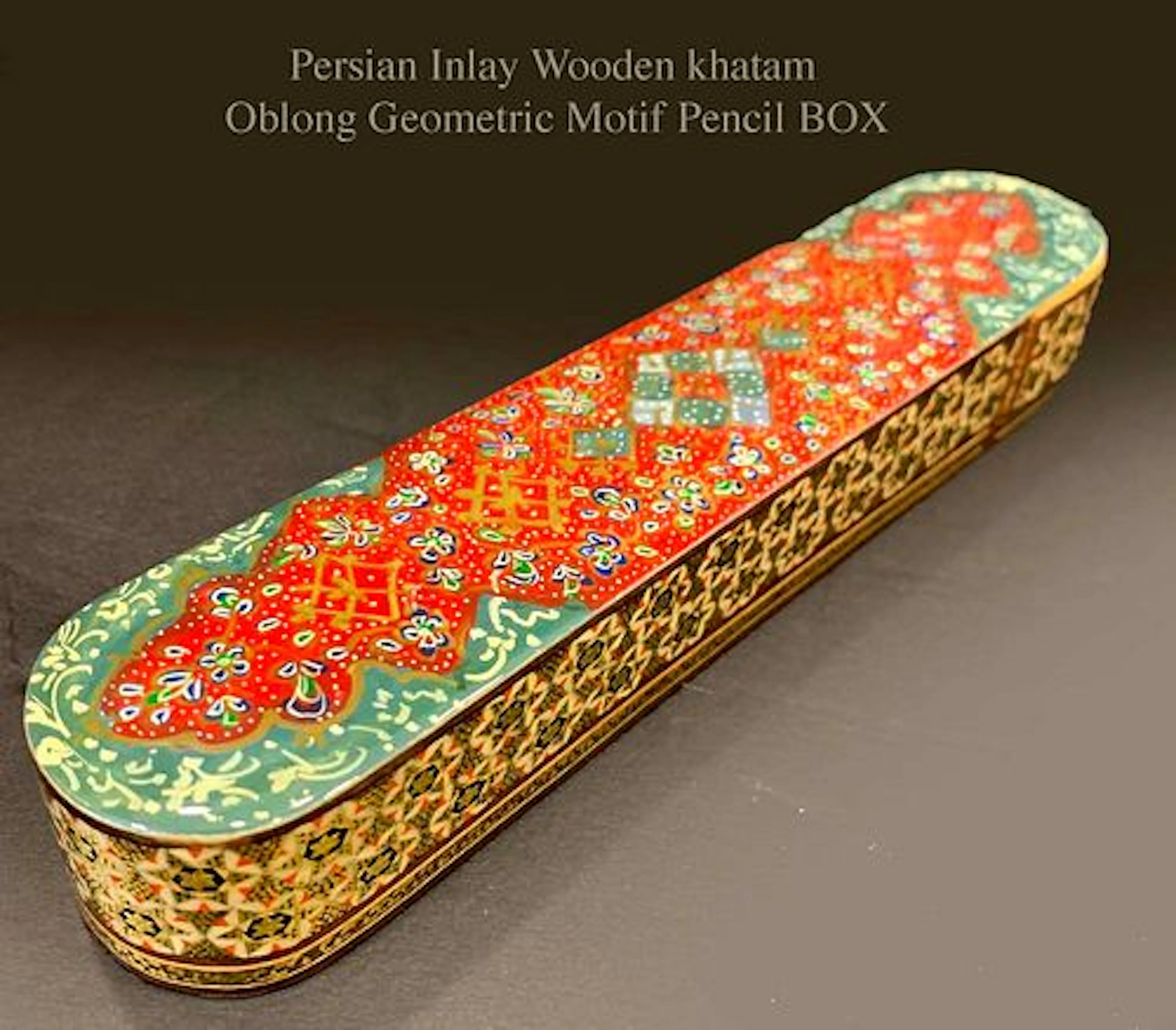 A Persian Khatam Inlay Wooden Oblong Geometric Motif Calligraphy Pencil Box