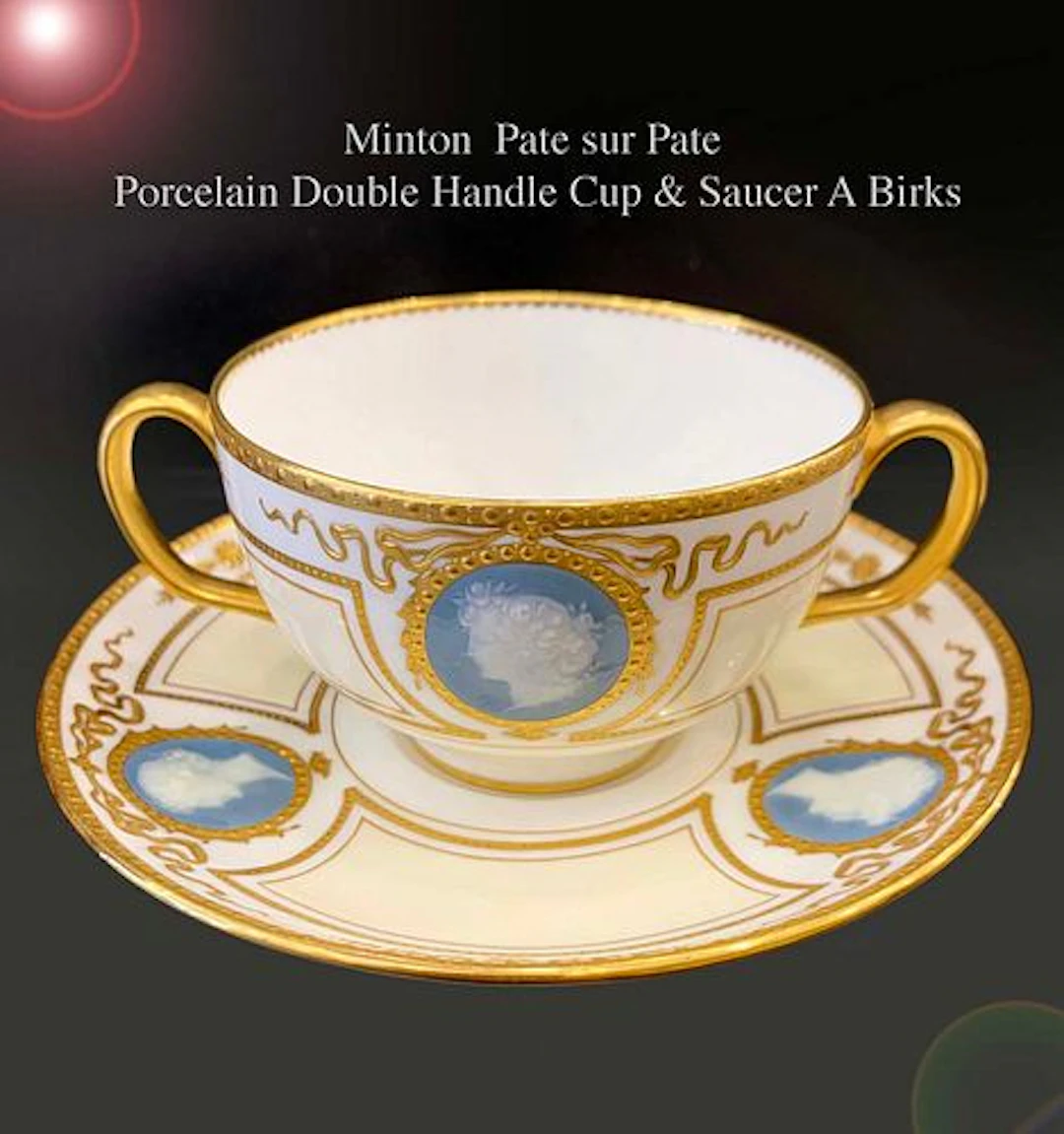 An English Minton Brik Pate-sur-Pate Double Handle Cup & Saucer, Hallmarked