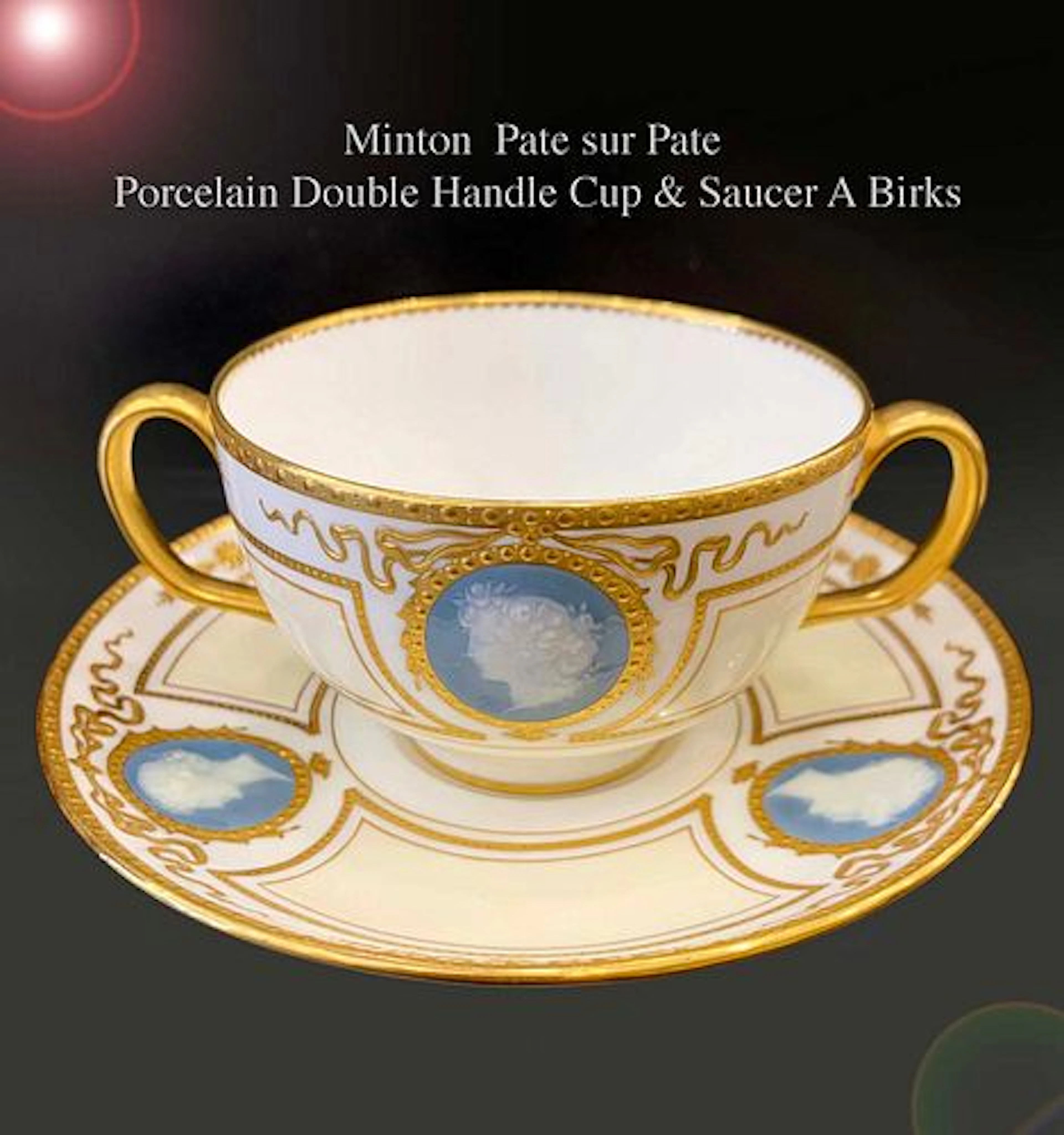 An English Minton Brik Pate-sur-Pate Double Handle Cup & Saucer, Hallmarked