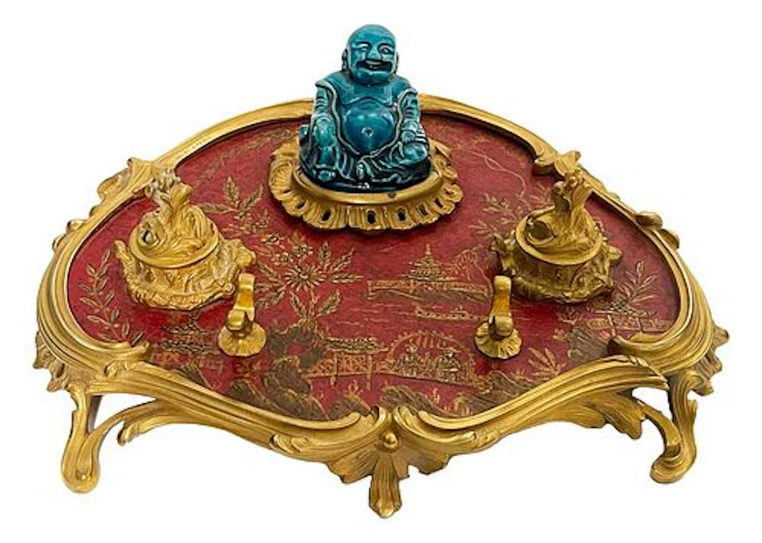19th C. Millet Signed Chinoiserie Gilt Bronze & Lacquer Inkwell