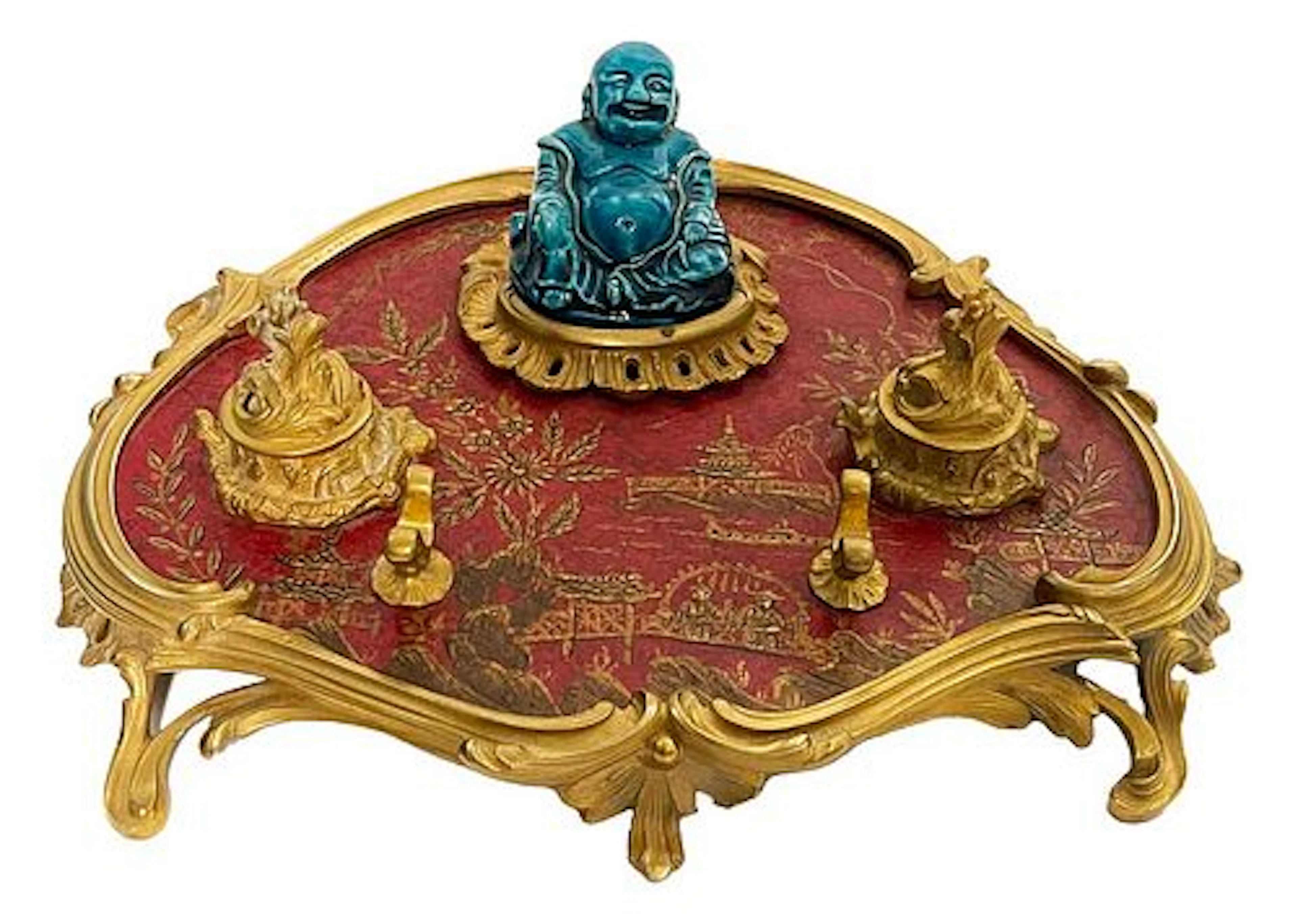 19th C. Millet Signed Chinoiserie Gilt Bronze & Lacquer Inkwell