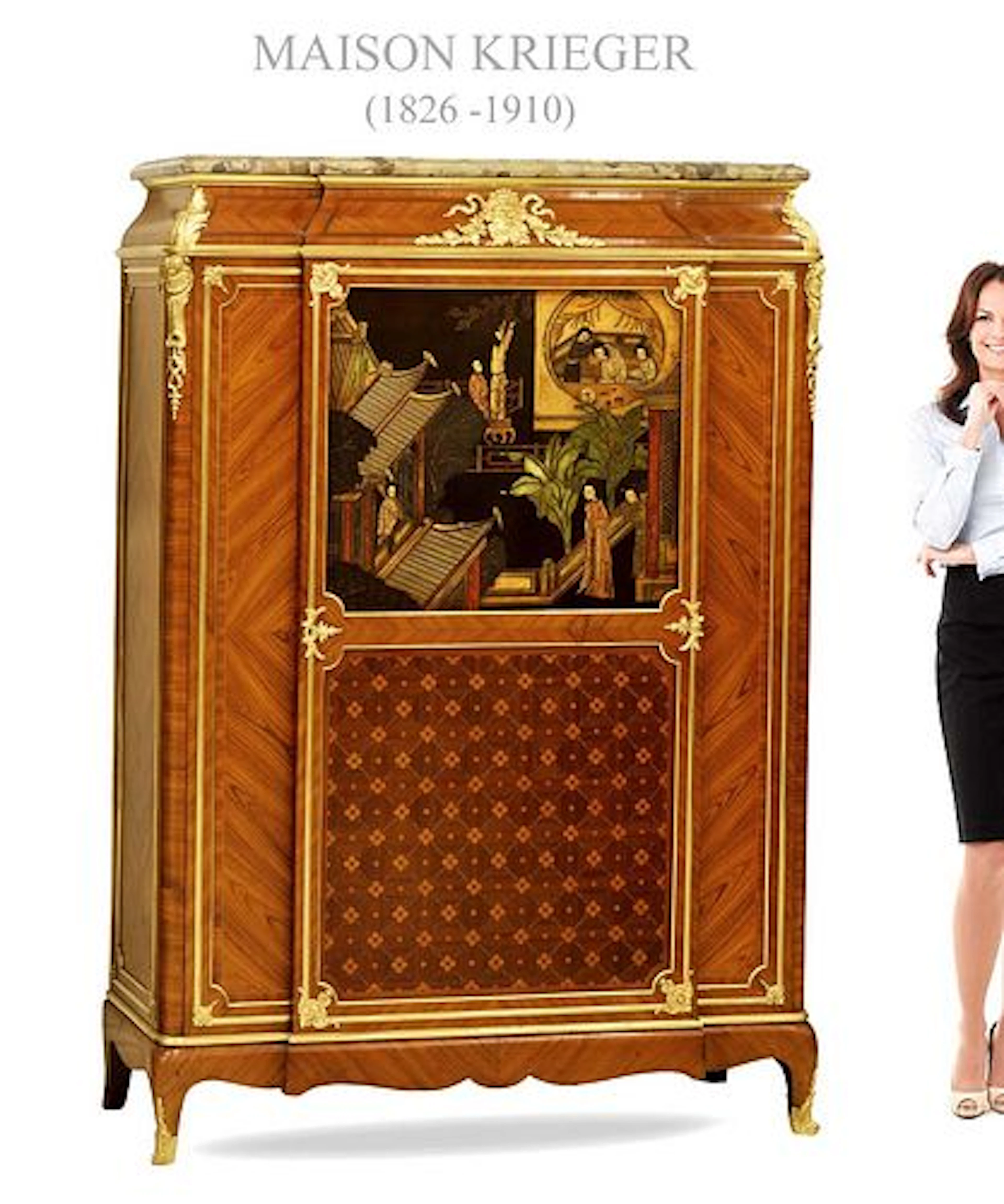 19th C. French Maison Krieger Chinoiserie Mounted Parquetry Side Cabinet