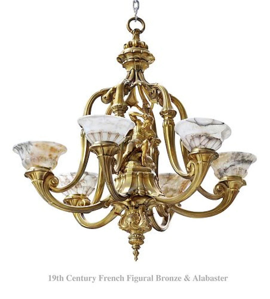 A Large 19th C. French Bronze Alabaster Figural Chandelier, 6-lights
