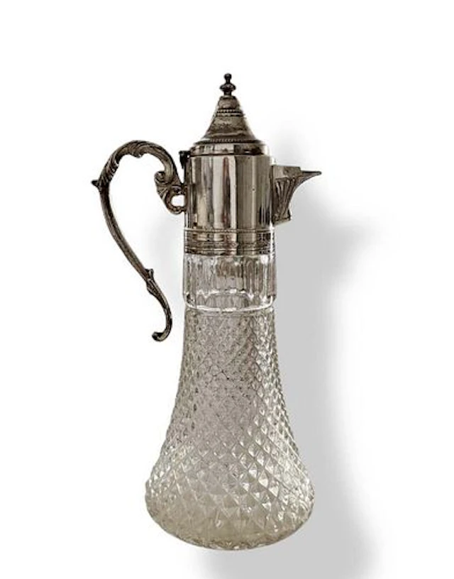 A Vintage Art Deco Style Diamond Point Crystal & Silverplate Wine Claret