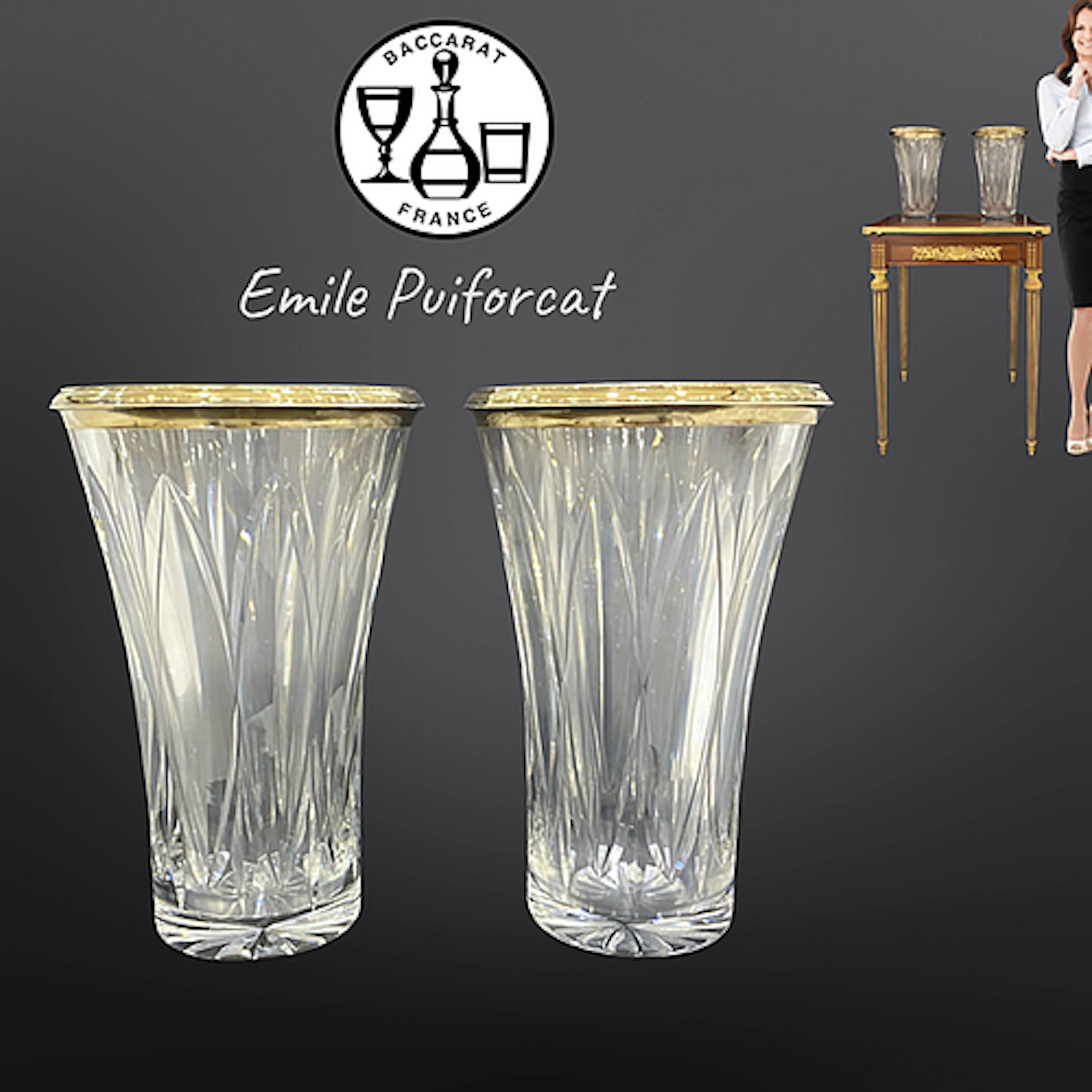 A Pair of 19th C. French Baccarat Crystal Gilt Silver Rims Vases, Signed
