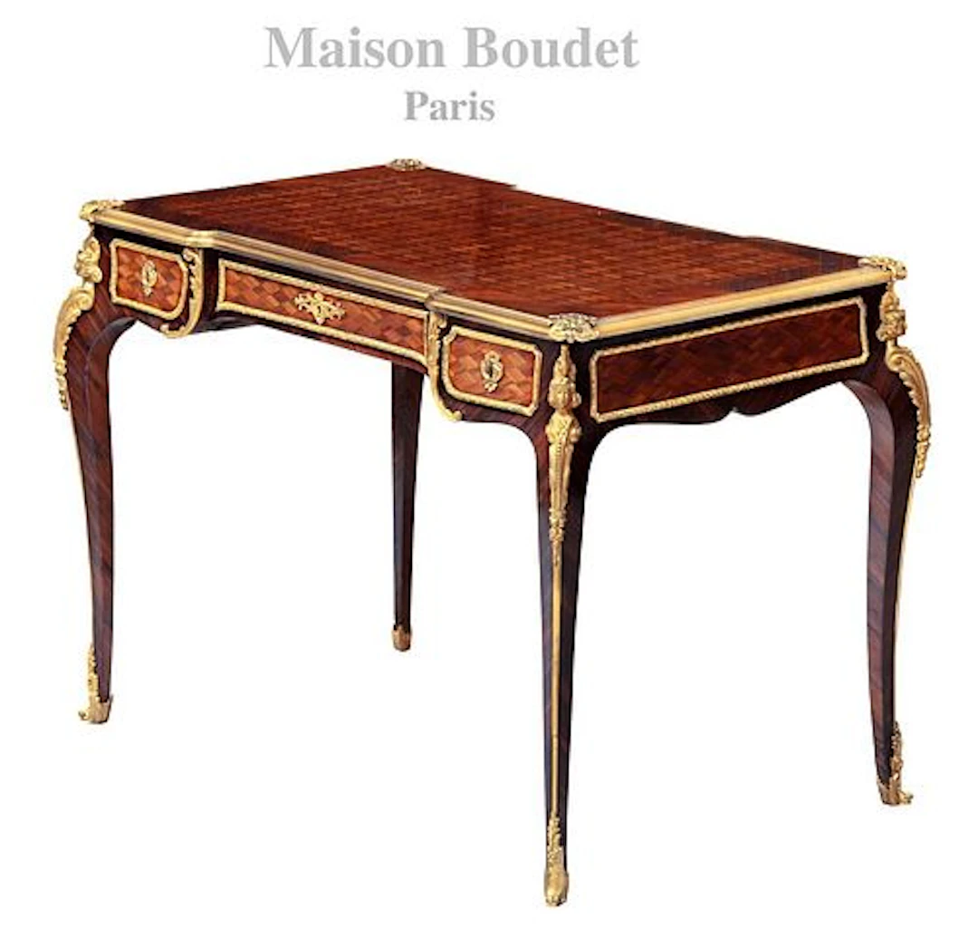 19th C. Mounted Figural Bronze Stain Parquetry Bureau Table/Desk
