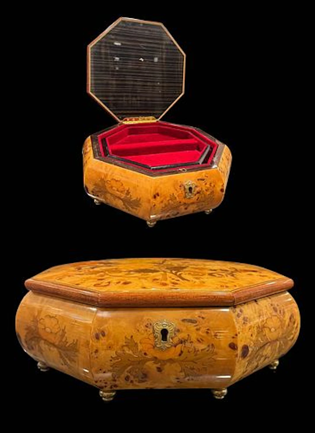 An Italian Reuge Octagon Wooden Inlay Jewelry Trinket Box