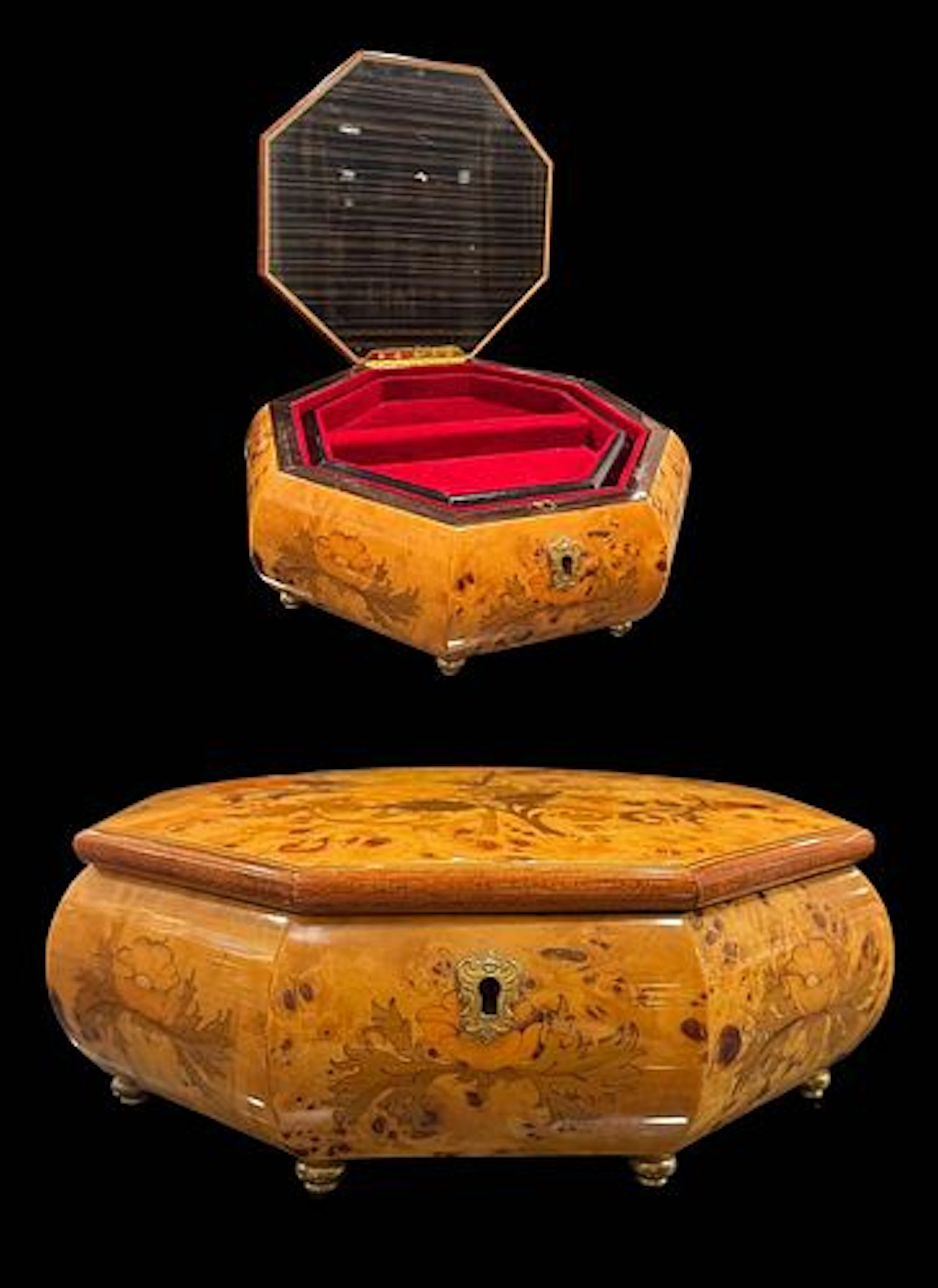 An Italian Reuge Octagon Wooden Inlay Jewelry Trinket Box