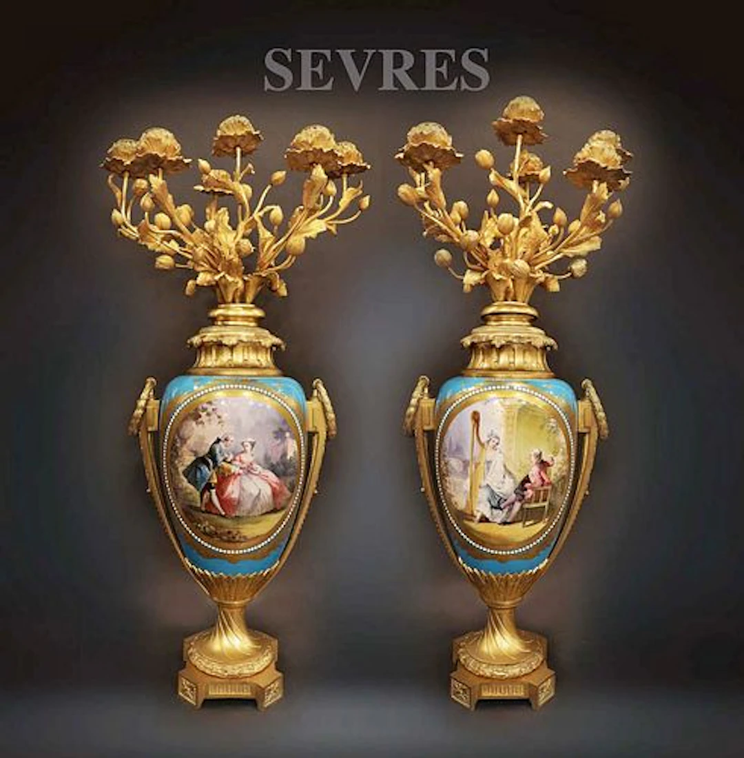 A Very Impressive Pair Of 19th Century French Sevres & Gilt Bronze Candelabras