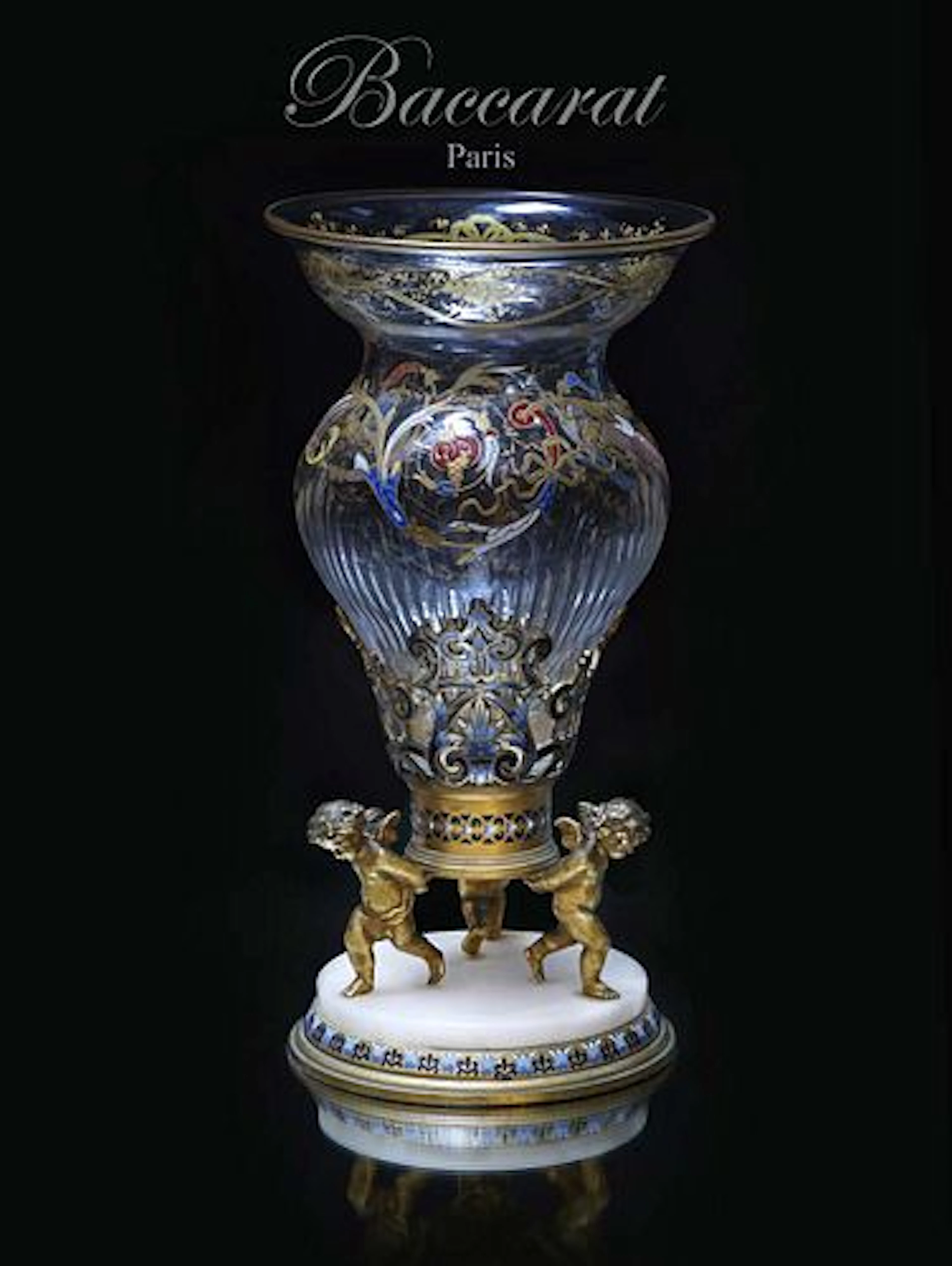 19th C. French Baccarat Crystal Figural Champleve enamel Bronze Centerpiece