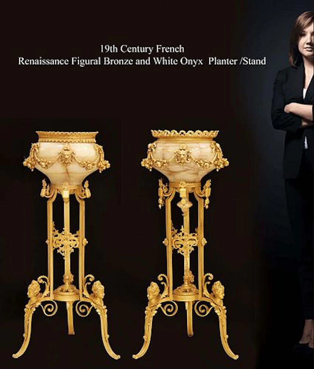 A Pair Of 19th C. French Renaissance Figural Bronze Onyx Planters/Stands