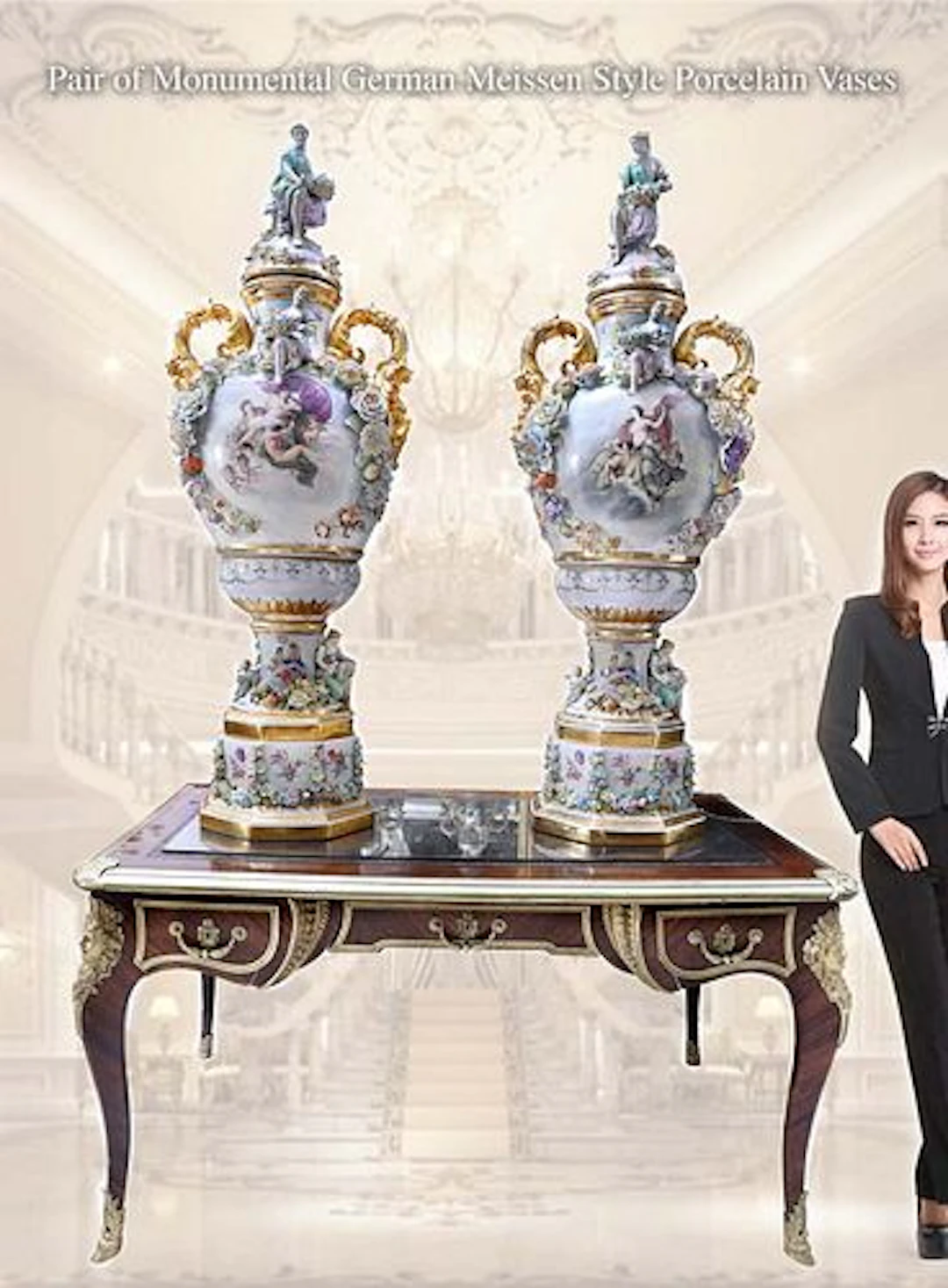 A Pair Of Monumental Meissen Style Hand Painted Porcelain Figural Vases