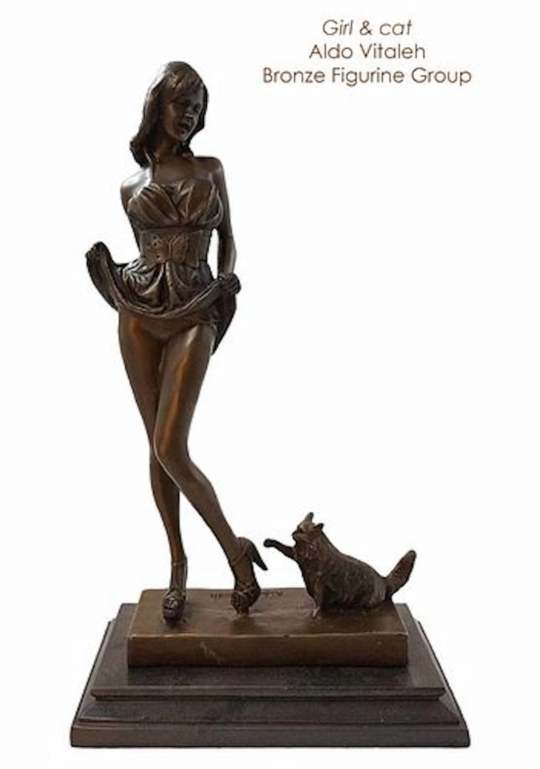 Girl & Cat, An Art Deco Style Aldo Vitaleh Signed Original Bronze