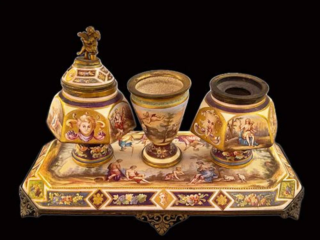 19th C. Austrian Viennese Hand Painted Enamel Bronze Inkwell