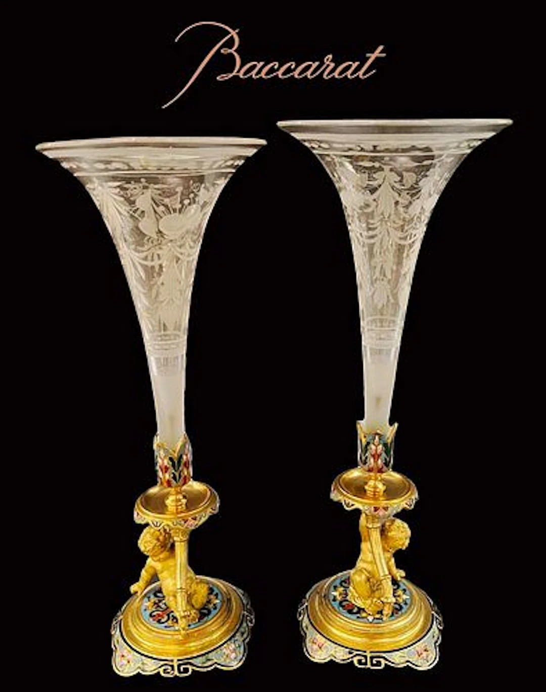 A Pair Of 19th C. Figural Champleve Bronze $ Baccarat Crystal Candlesticks