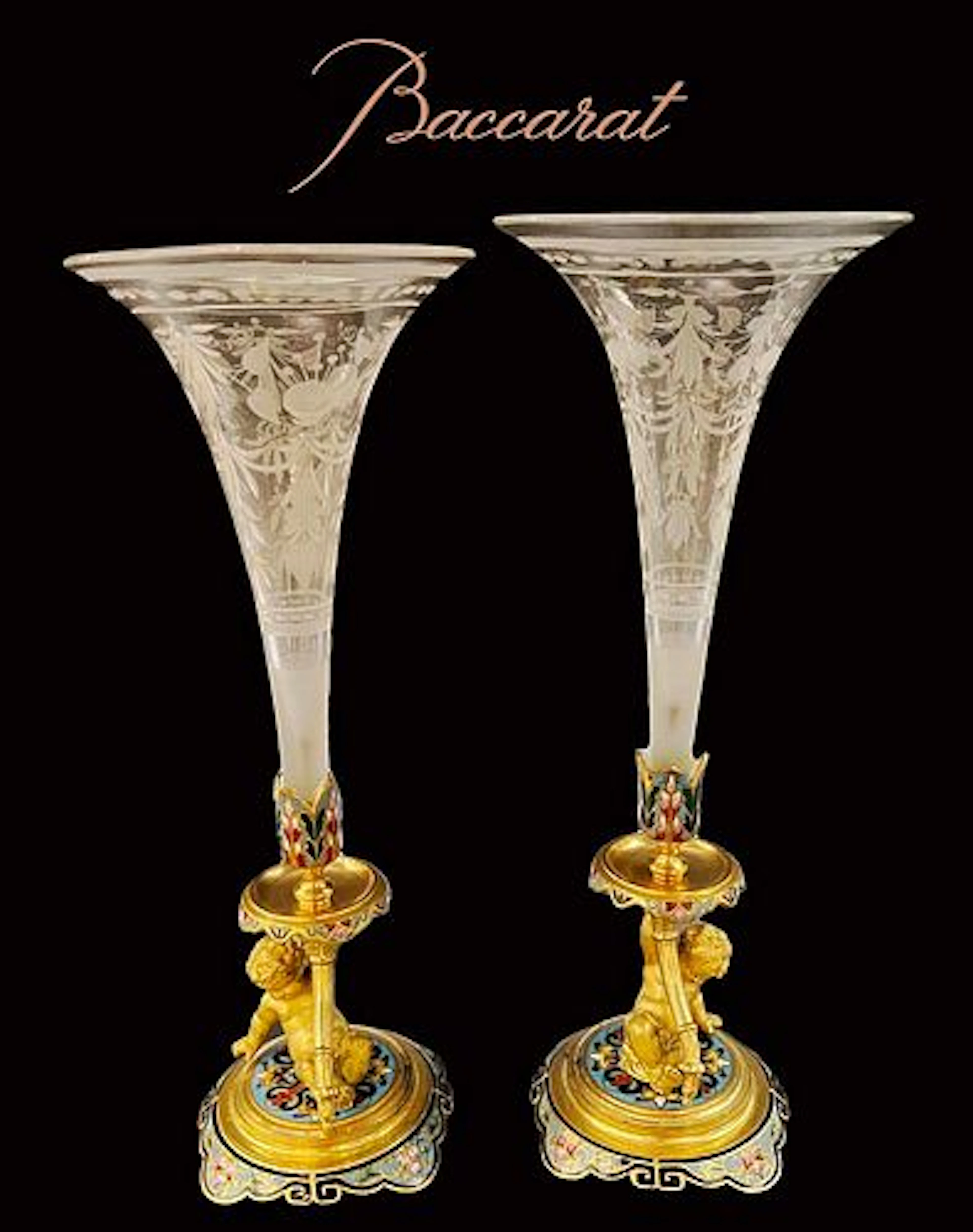 A Pair Of 19th C. Figural Champleve Bronze $ Baccarat Crystal Candlesticks