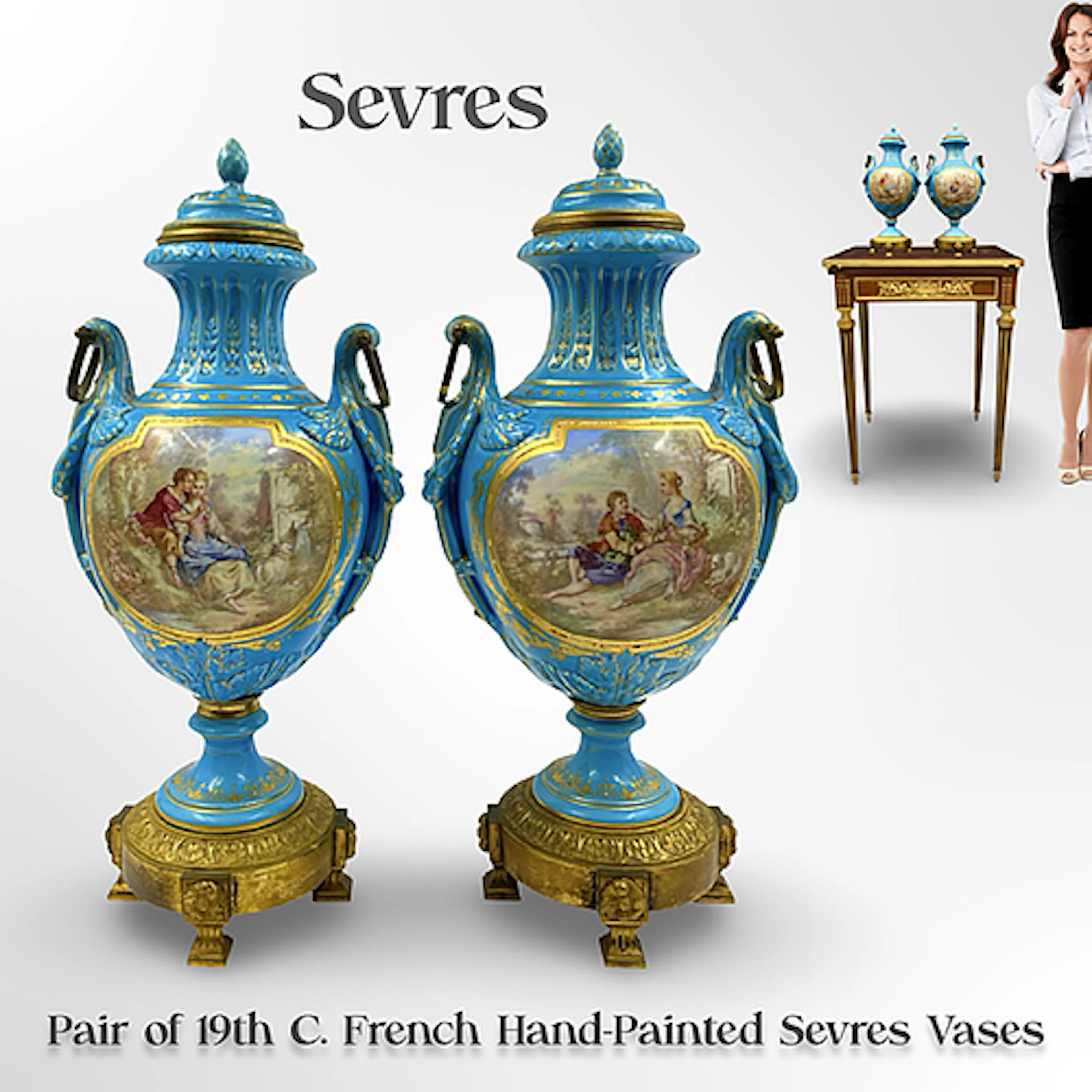 A Pair of 19th C. French Sevres Hand-Painted Porcelain Lidded Vases